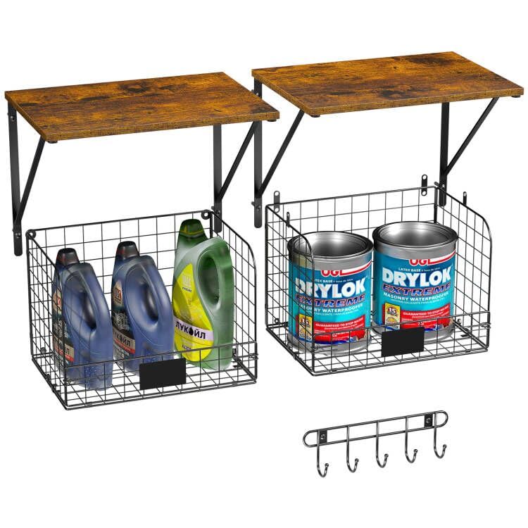 Threehio 2 Pack Garage Shelves Wall Mounted With Wire Storage Baskets, Heavy Duty Garage Wall Shelving With Hooks, Wooden Floati