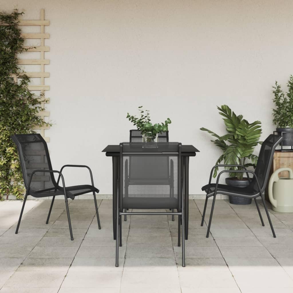 vidaXL 5 Piece Patio Dining Set - Black Powder-Coated Steel and Textilene Construction with Tempered Glass Tabletop