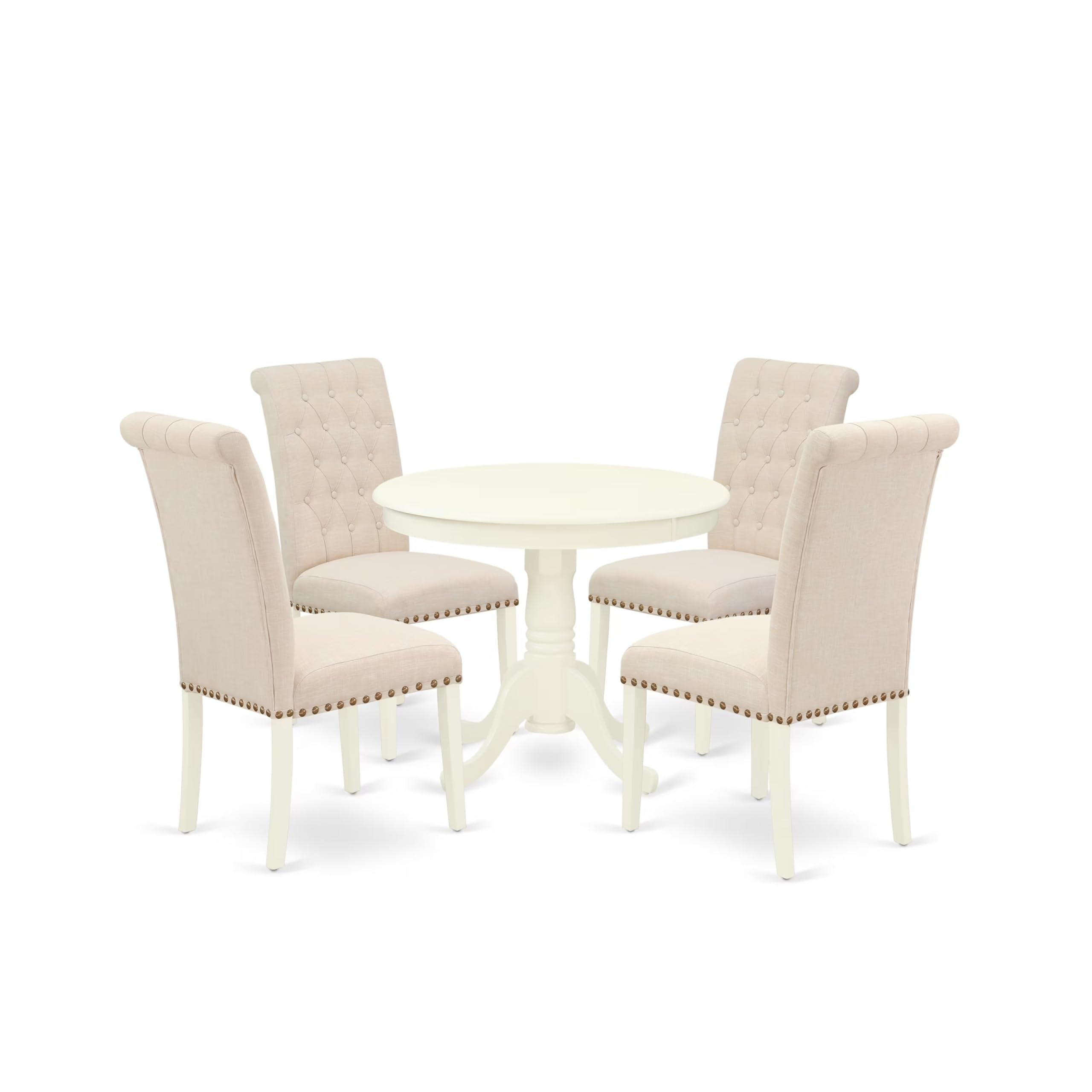 East West Furniture Anbr5-Lwh-02 5 Piece Dining Room Table Set Includes A Round Kitchen Table With Pedestal And 4 Light Beige Linen Fabric Parsons Dining Chairs, 36X36 Inch, Linen White