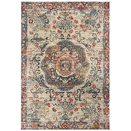 HomeRoots Polypropylene 4’x6’ Ivory Distressed Medallion Area Rug