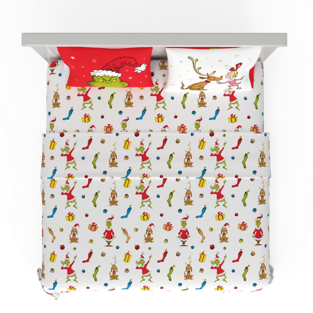 Franco Collectibles Dr. Seuss The Grinch Holiday & Christmas Bedding Super Soft Microfiber 4 Piece King Sheet Set, (Officially L