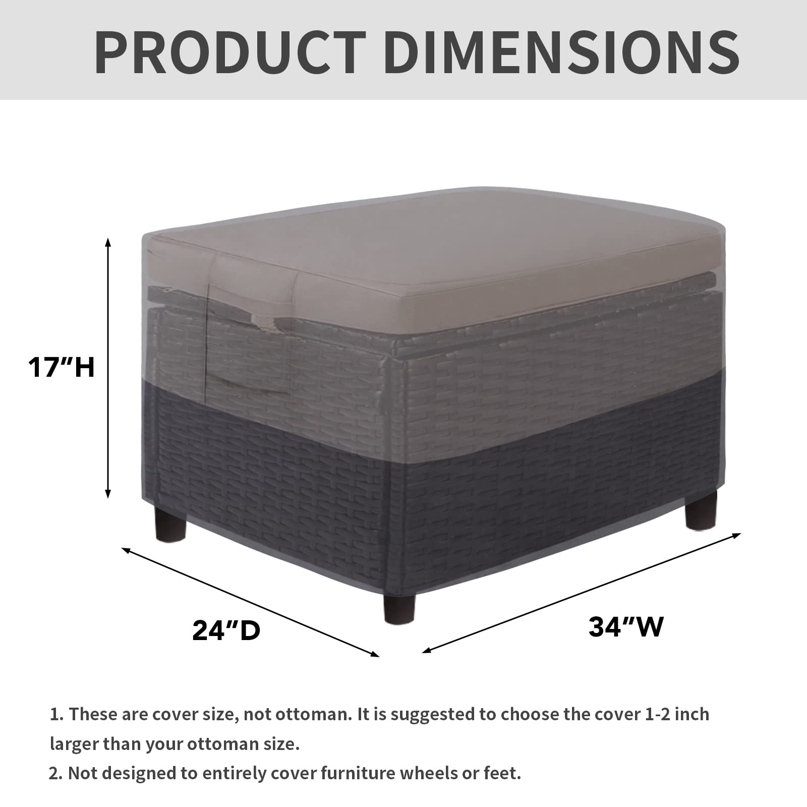 Easy-Going Outdoor Ottoman Cover, Waterproof Patio Ottoman Cover, Heavy Duty Outdoor Furniture Cover With Padded Handles (34'X24'X17', Gray/Dark Gray)