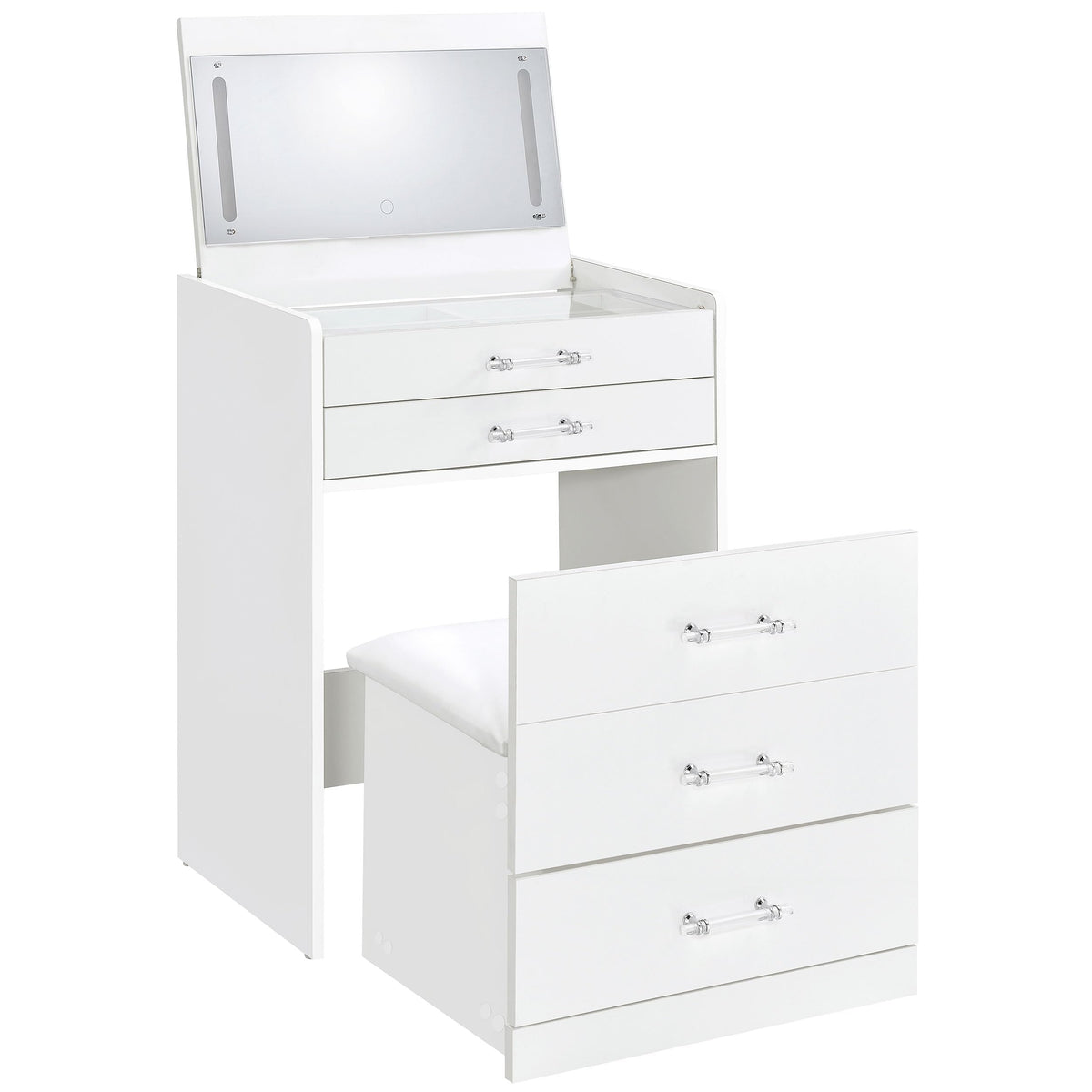 Coaster Home Furnishings Danbury Contemporary 2-Piece 2-Drawer Makeup Vanity Desk with LED Light Vanity Mirror Tempered Glass Top with Vanity Chair White High Gloss 930208