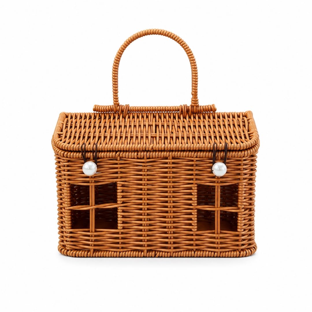 Rattan House Shape Storage Basket with Lid, Small Doll House, Decorative Hand Woven Shelf Organizer with Handle, Natural Harvest