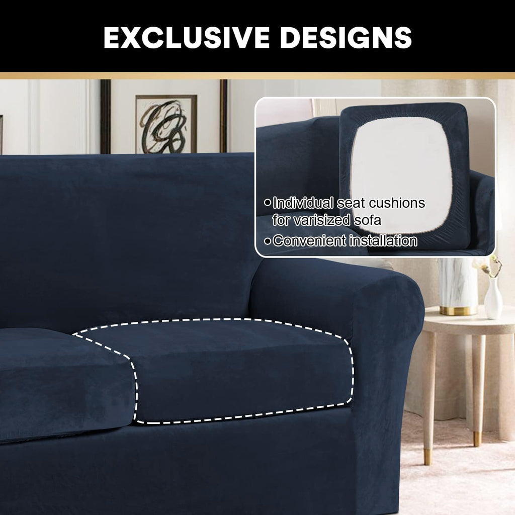 Princedeco 4 Pieces Couch Covers Velvet Couch Covers For 3 Cushion Sofa Soft Furniture Protector With Non Slip Elastic Bottom Washable Couch Covers Width Up To 90 Inch (Large, Navy)