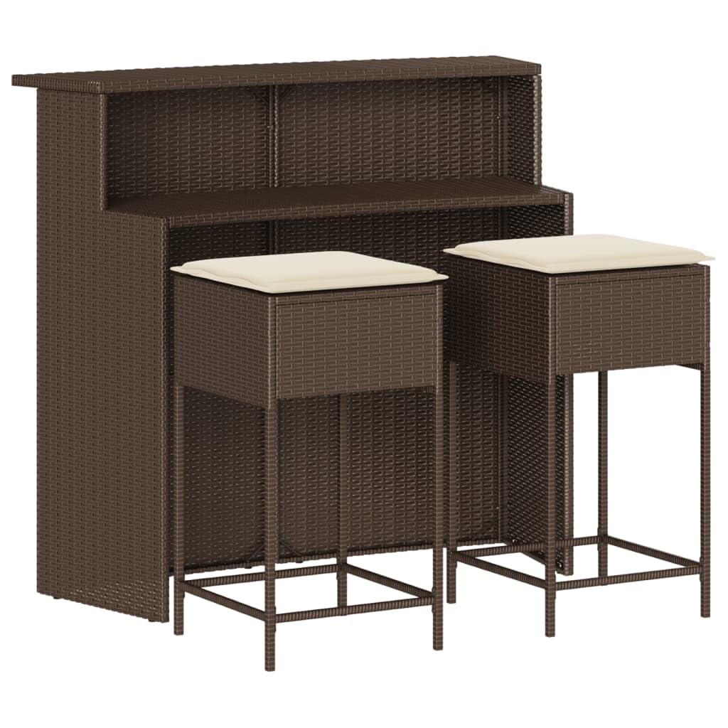 vidaXL 3 Piece Patio Bar Set with Cushions Brown Poly Rattan