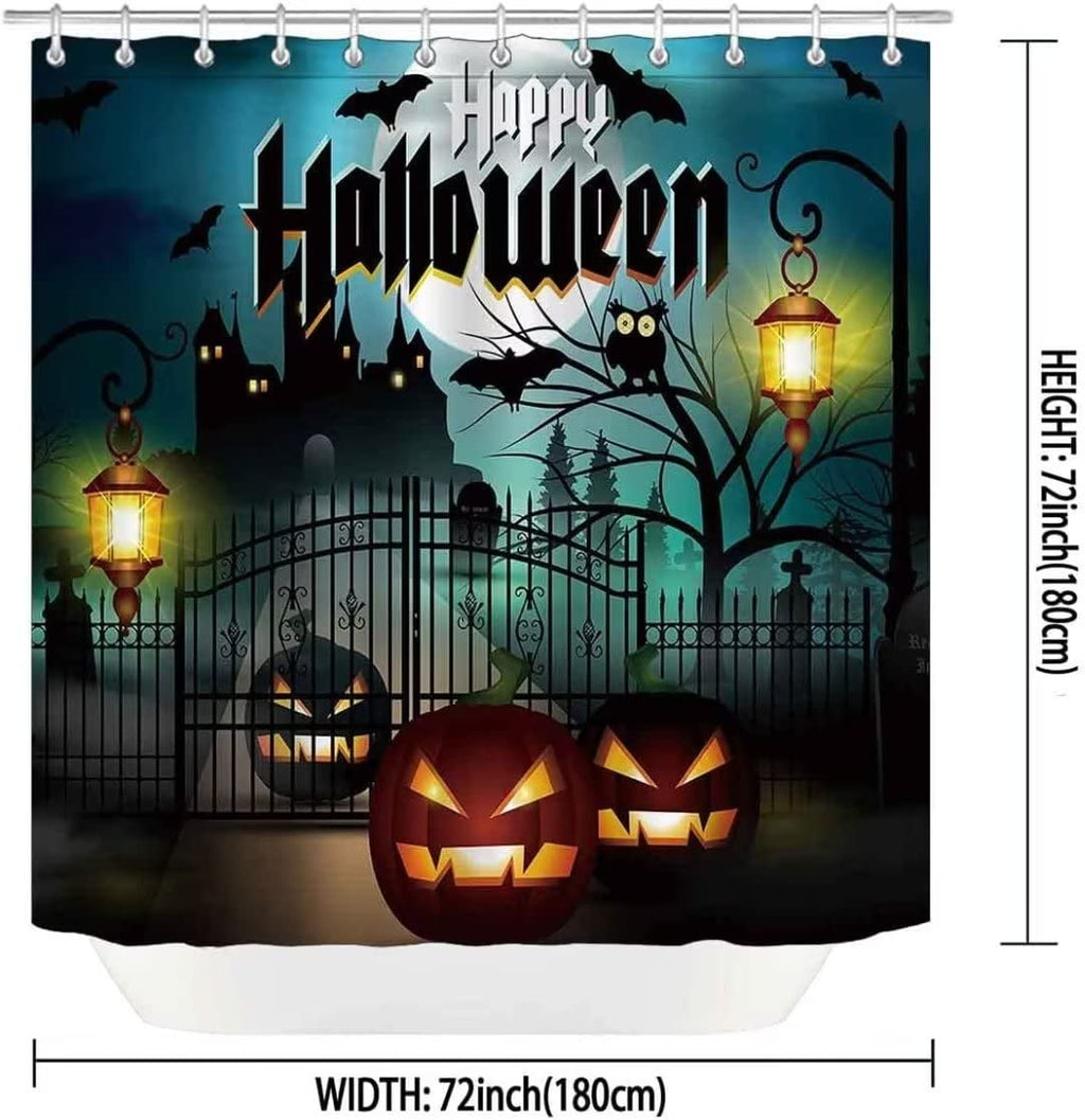 Nbvko Halloween Castle Pumpkin Waterproof Shower Curtain,With Non-Slip Rugs,Toilet Lid Cover And Bath Mat,Bathroom Shower Decor