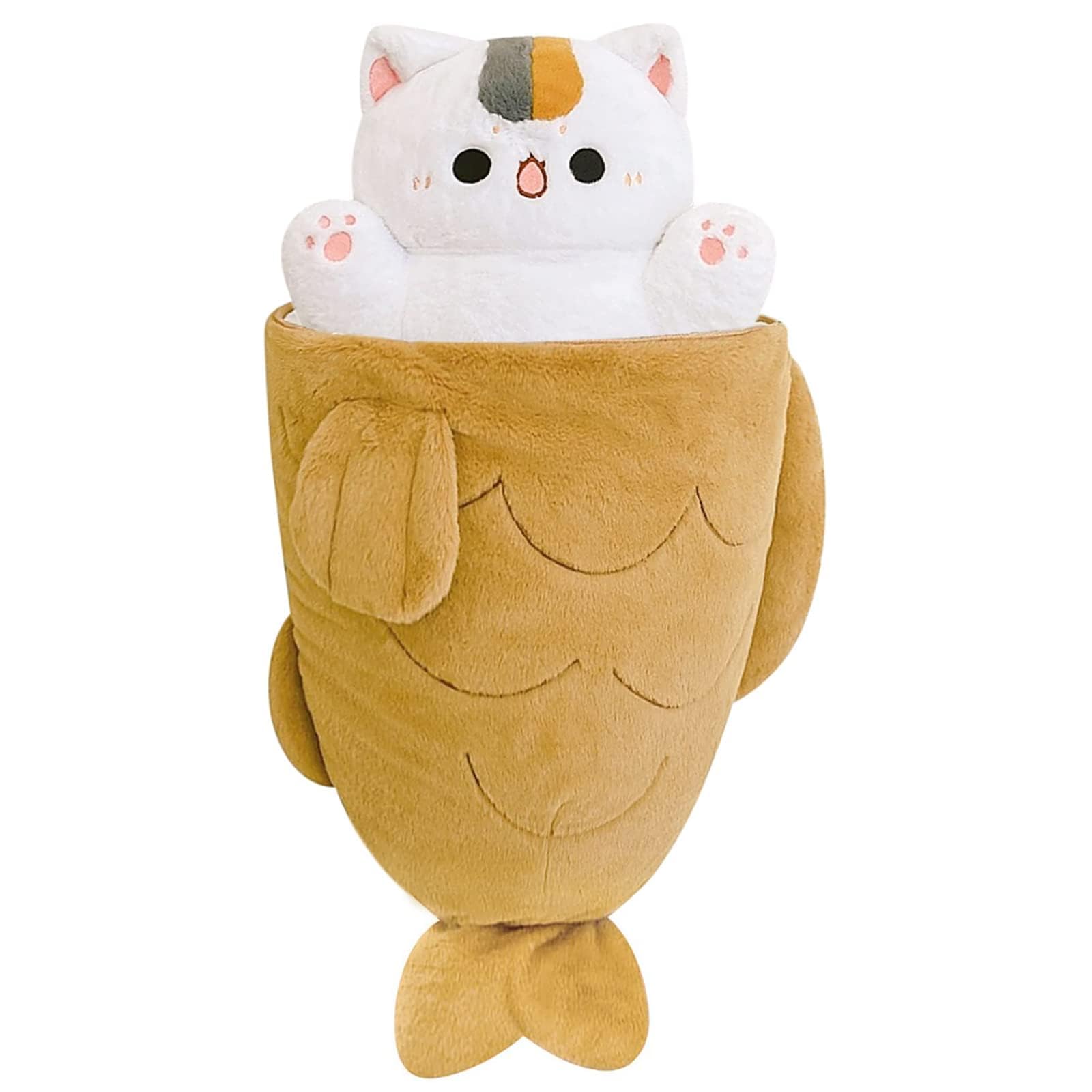 Ditucu 23.6 Inch Taiyaki Cat Plush Pillow Cute Kitten Inside Fish 2 In 1 Soft Stuffed Animal Plushies Toys With Outfit Sleeping