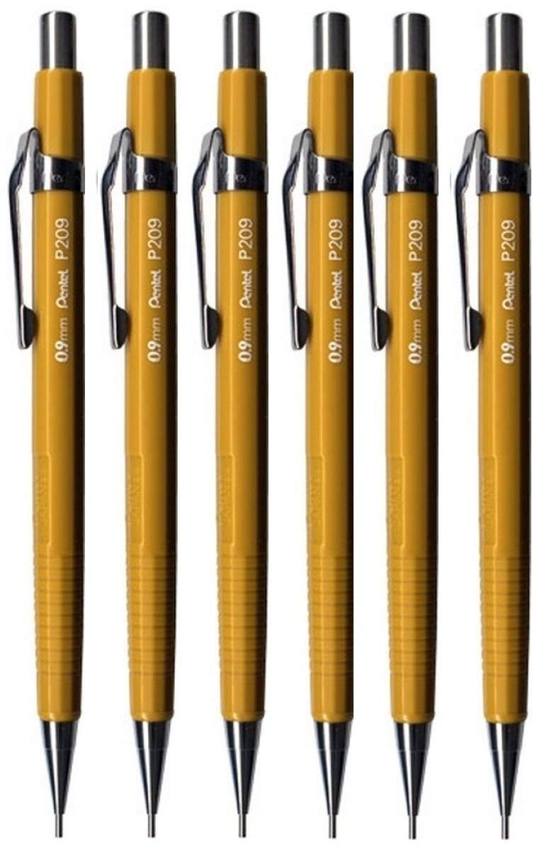 Pentel 0.9Mm (P209-G) Yellow P200 Series Automatic Mechanical Drafting Pencil Refillable Lead Eraser (Pack Of 6)