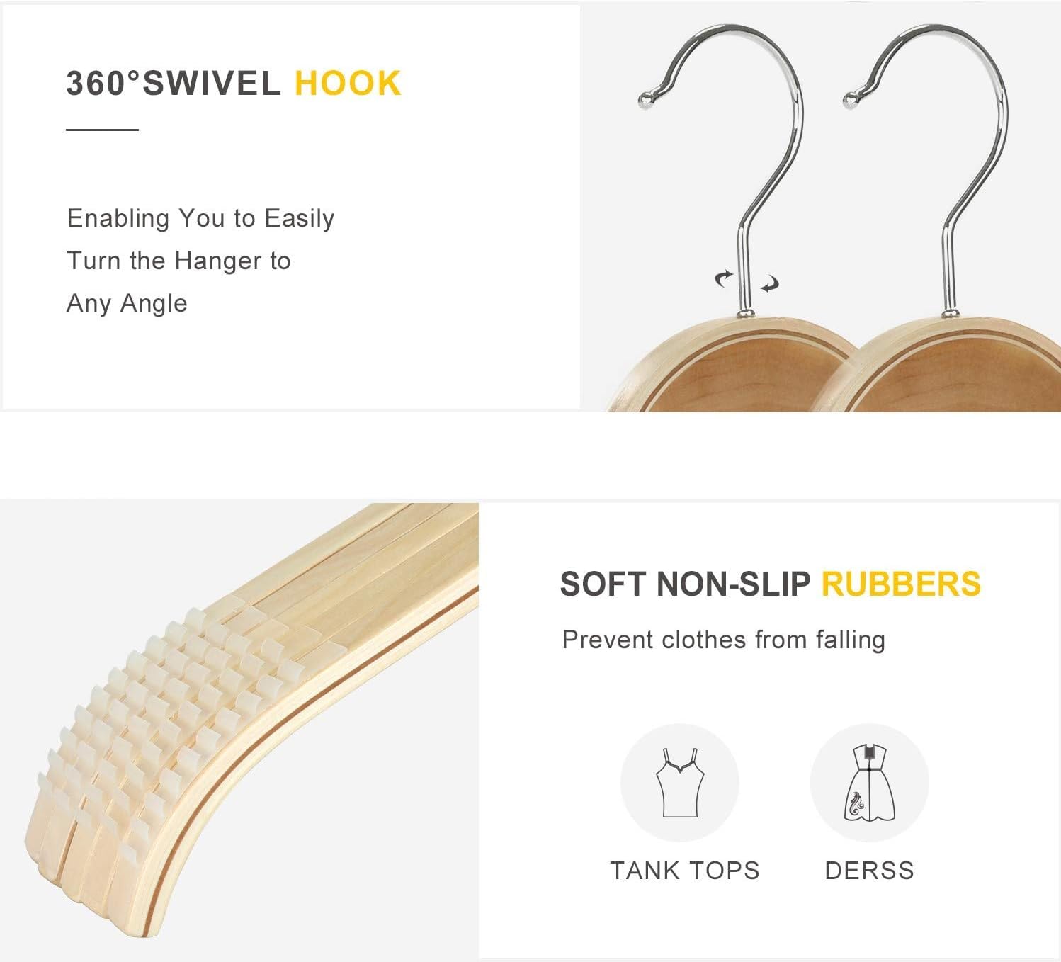 Topia Hanger Slim Natural Wood Hangers With Extra Soft Non-Slip Rubber Grips, 30-Pack High-Grade Fashion Hanger No Shoulder Bump