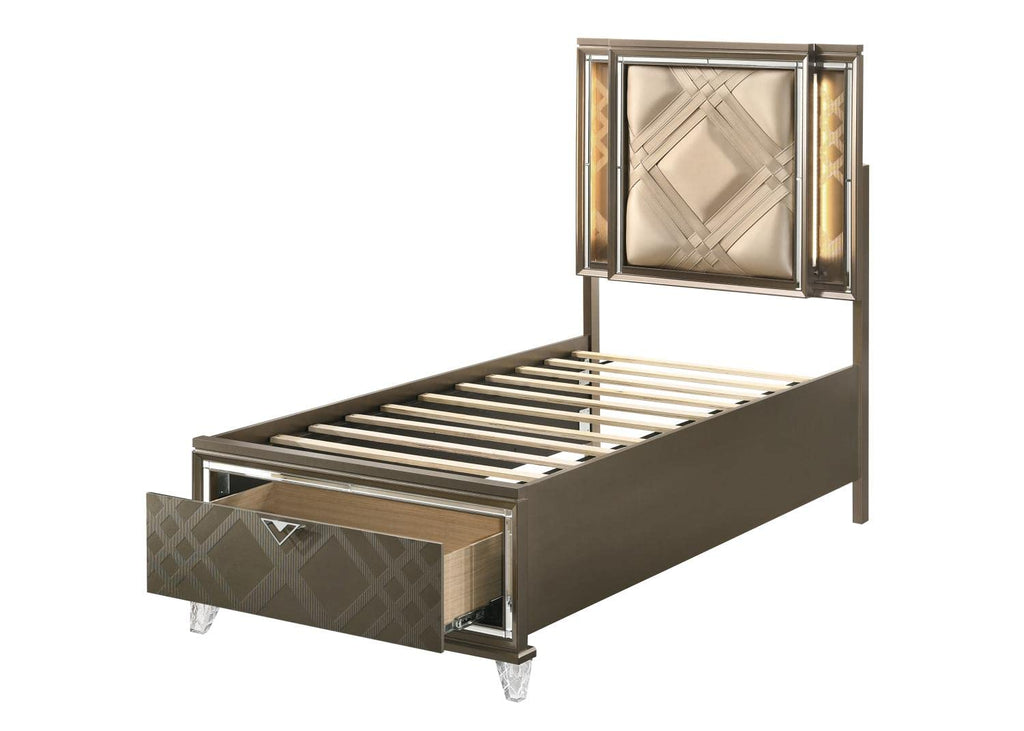 Acme Skylar Twin Faux Leather Storage Bed with LED in Dark Brown Champaign