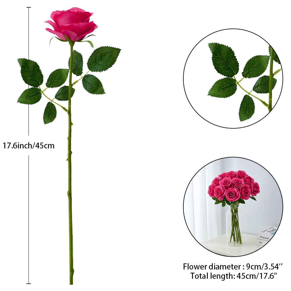Helera 12Pc Hot Pink Roses Artificial Flowers Fake Roses Silk Roses Flowers With Long Stems For Wedding Home Party Centerpieces