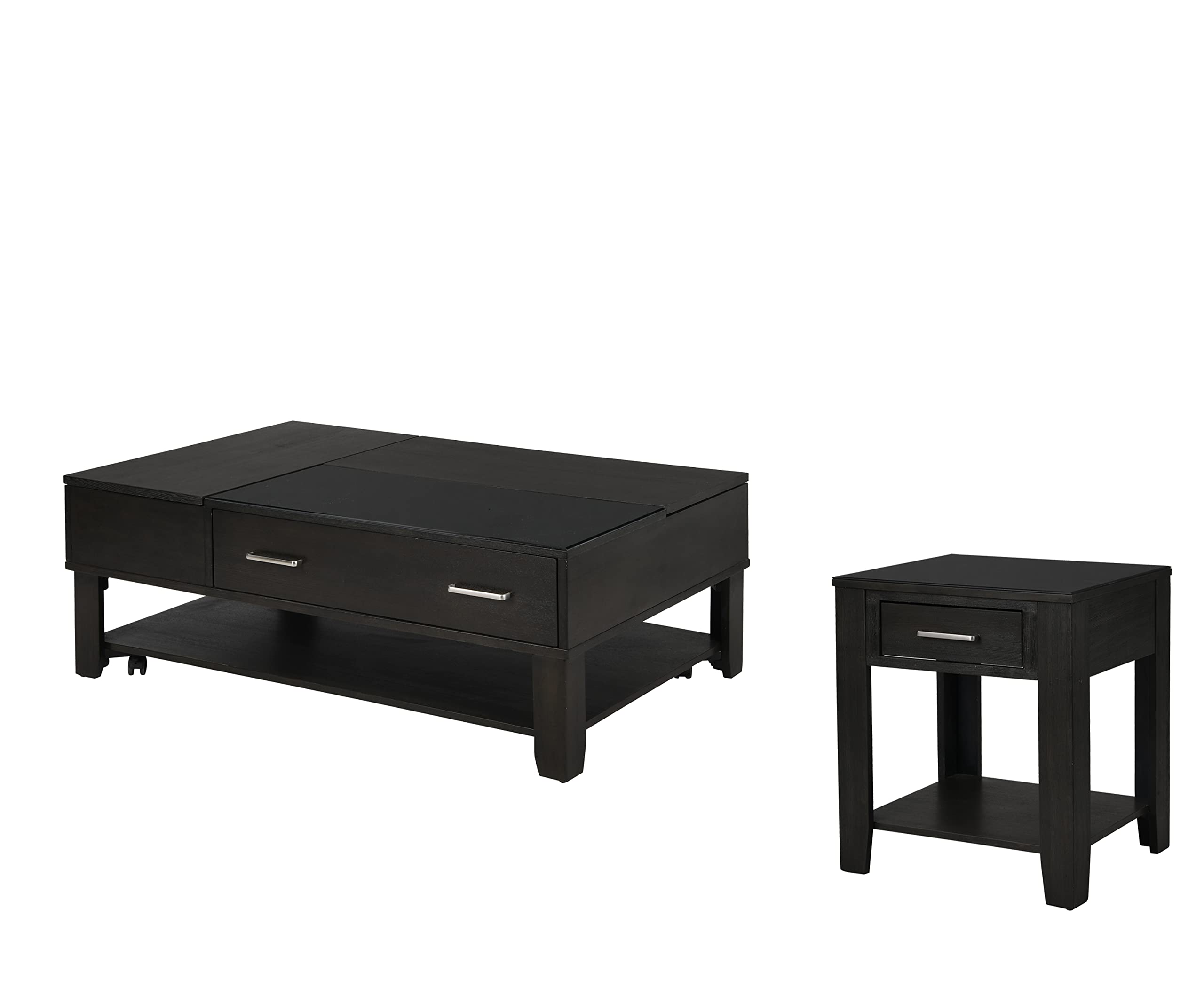 Lilola Home Bruno 2 Piece Ash Gray Wooden Lift Top Coffee and End Table Set with Tempered Glass Top and Drawer