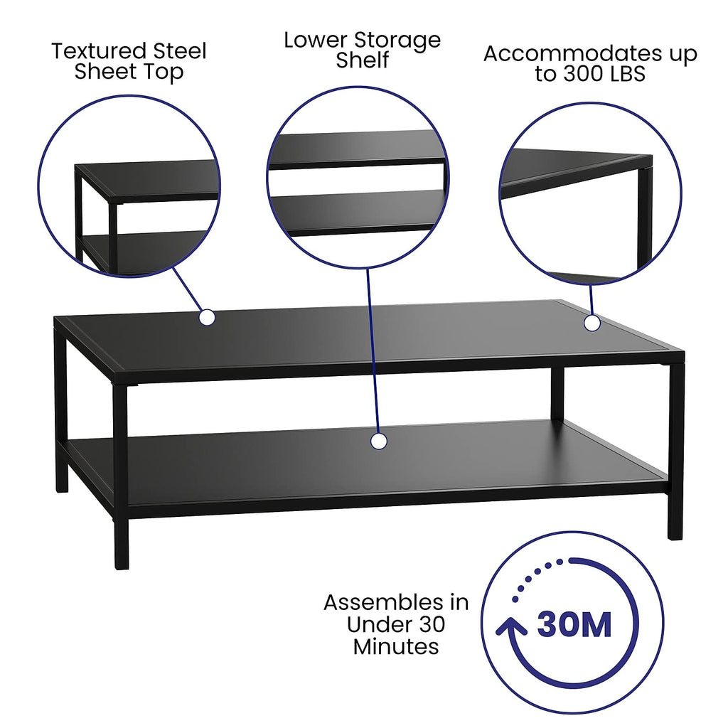 Flash Furniture Metal Indoor/Brock Outdoor Coffee Table with Lower Shelf - Black Steel Coffee Table for Business or Home Use - Modern Square Leg Frame