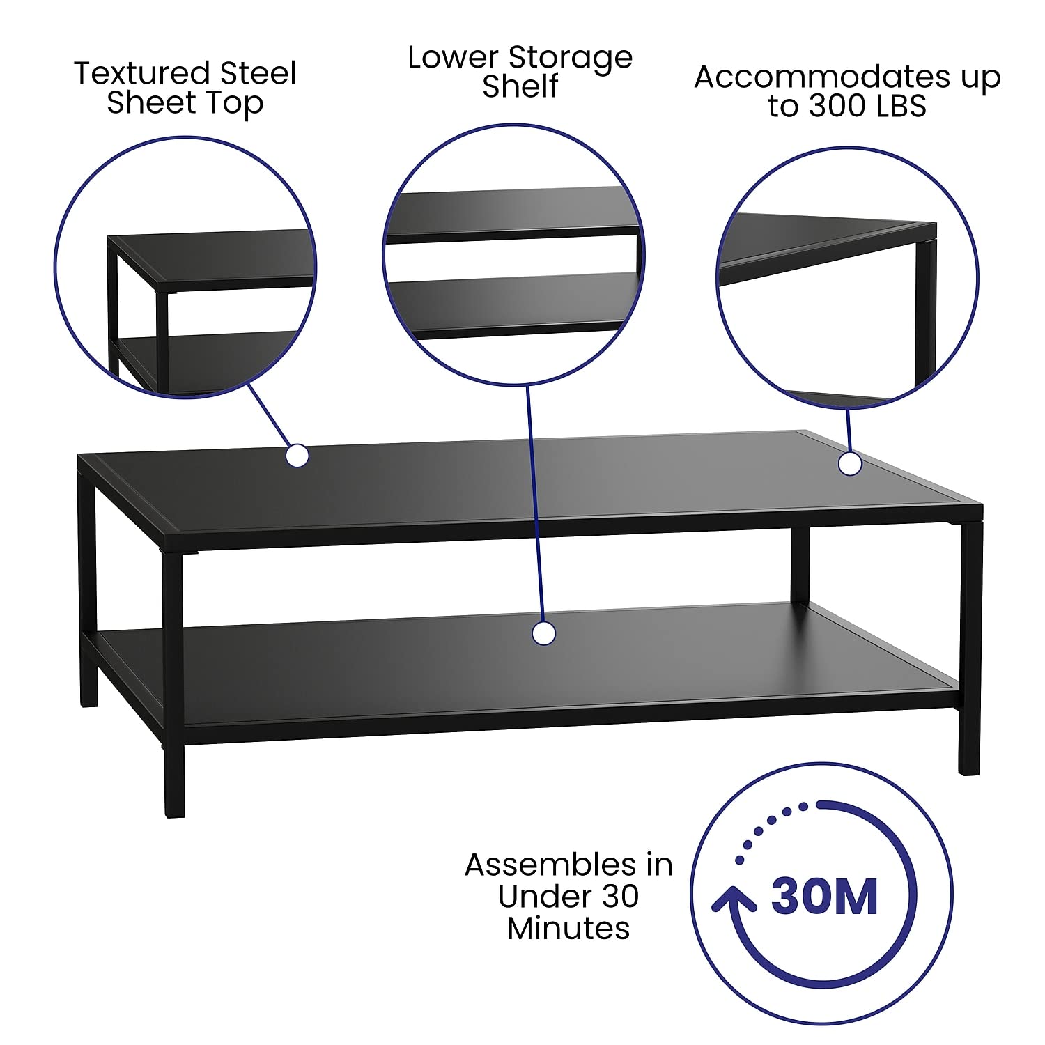 Flash Furniture Metal Indoor/Brock Outdoor Coffee Table with Lower Shelf - Black Steel Coffee Table for Business or Home Use - Modern Square Leg Frame