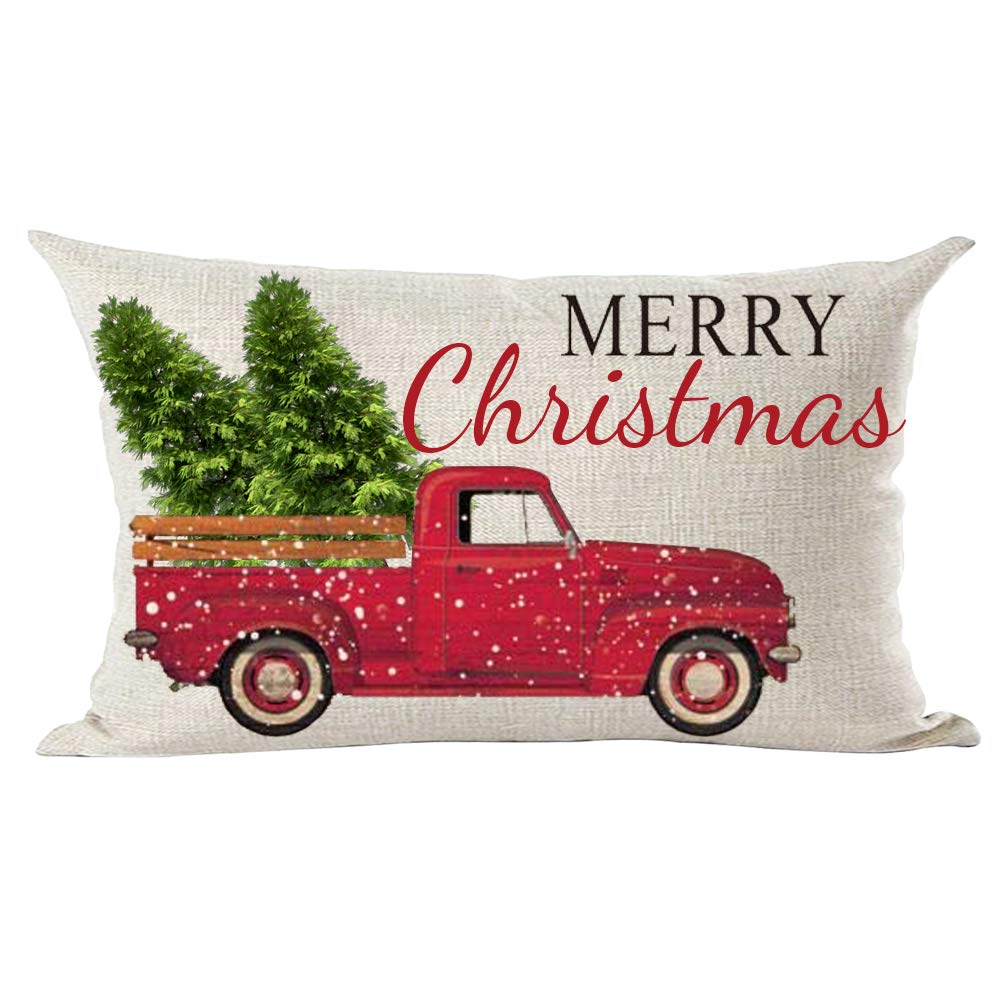 Ramirar Retro Red Pickup Truck Merry Christmas Trees Snowflakes New Year Winter Decorative Lumbar Throw Pillow Cover Case Home L