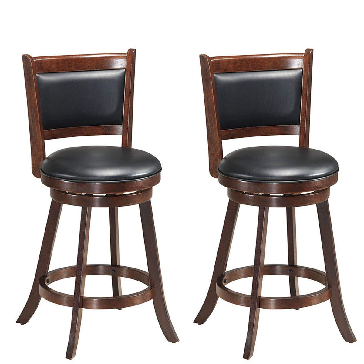 Ergomaster Bar Stools Set Of 2, 24” Counter Height Stools For Kitchen Island, Rubber Wood, Swivel Barstools With Backs For Pub, Bar, Restaurant, Brown & Black