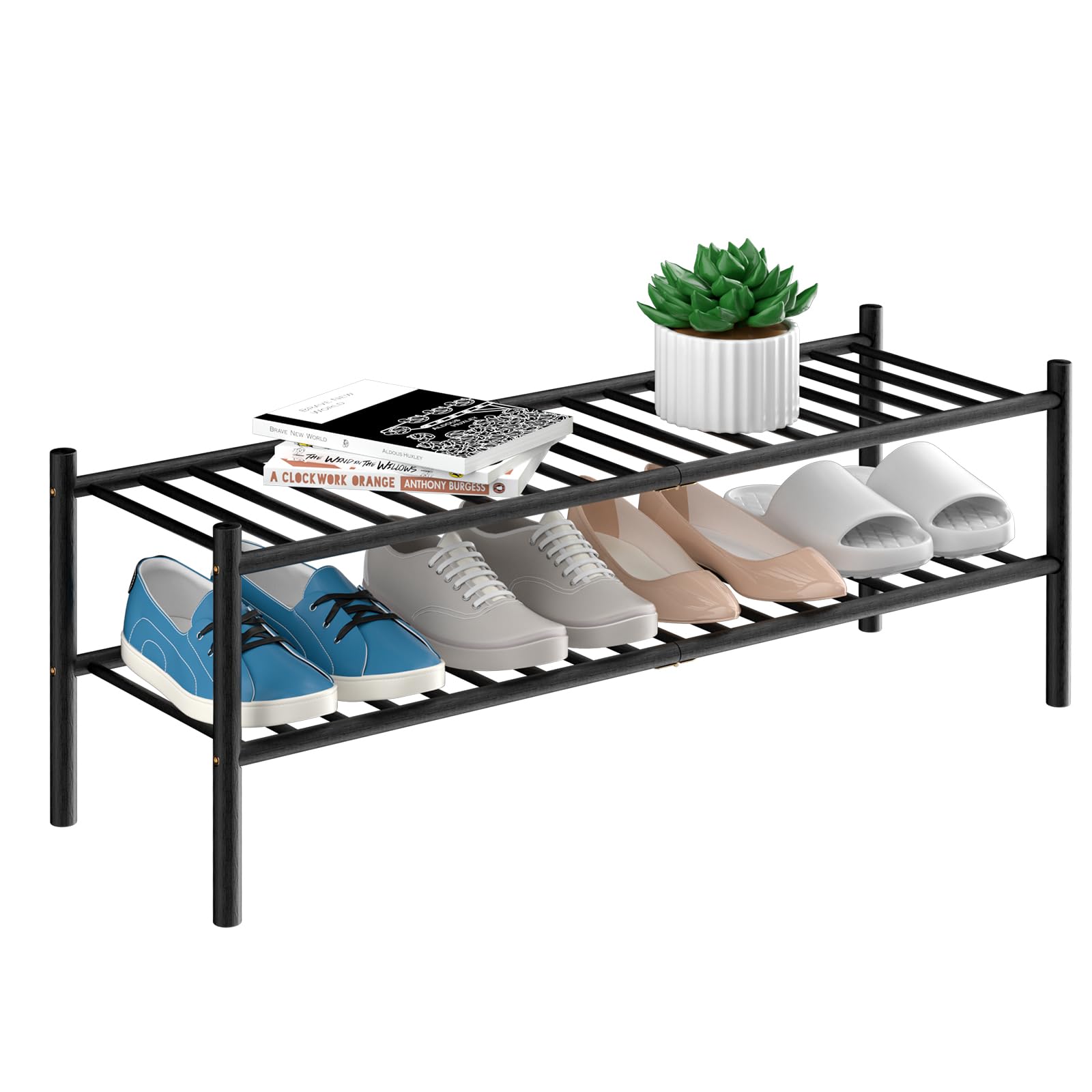 Romguar Craft 2-Tier Bamboo Long Shoe Rack, Free Standing Wood Shoe Shelf Storage Organizer For Closet Entryway Stackable 35'X11'X13' (Black)