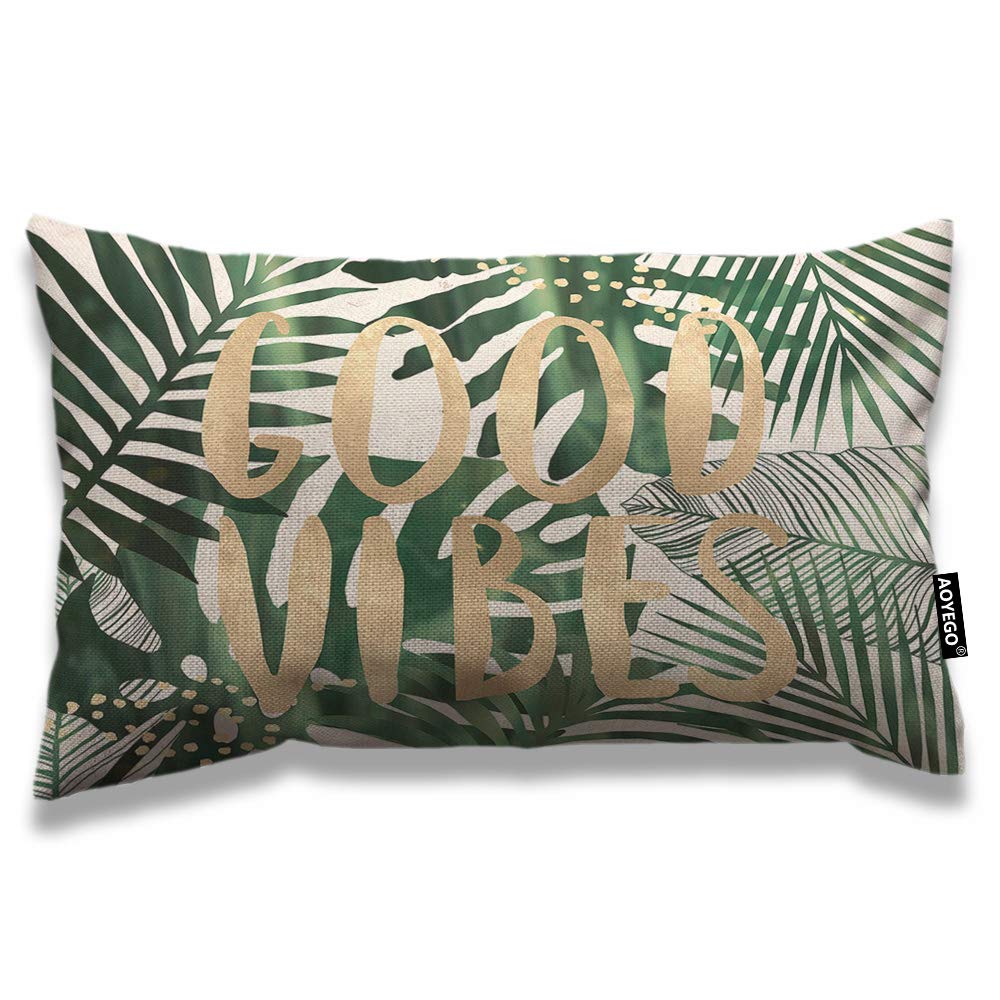 Aoyego Palm Leaf Throw Pillow Cover 12X20 Inch Good Vibes Word Palm Tree Tropical Jungle Leaves Rectangle Pillow Cases Home Deco