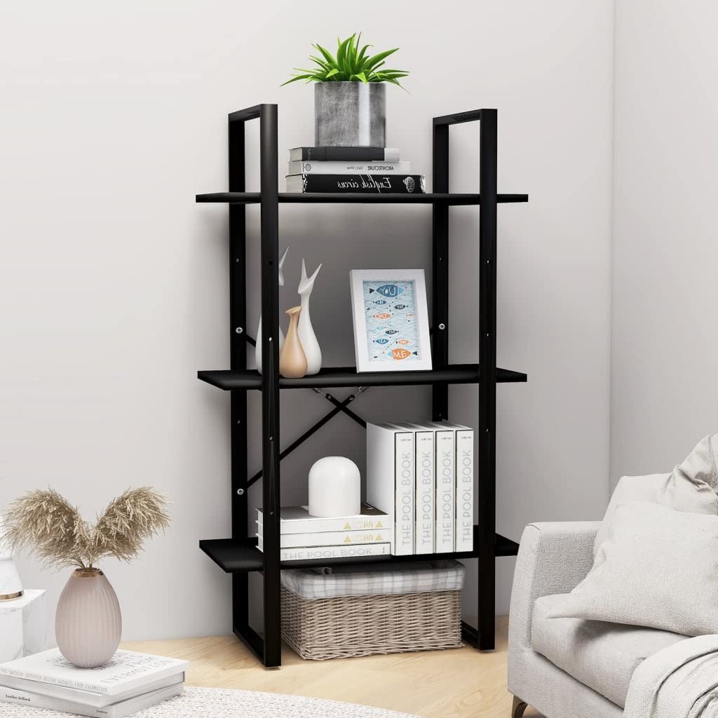 vidaXL Engineered Wood Storage Shelf – Metal and Wood Freestanding Bookshelf/Display Stand – Spacious Shelving Unit for Home, Office, Workshop – Sturdy Black Storage Rack