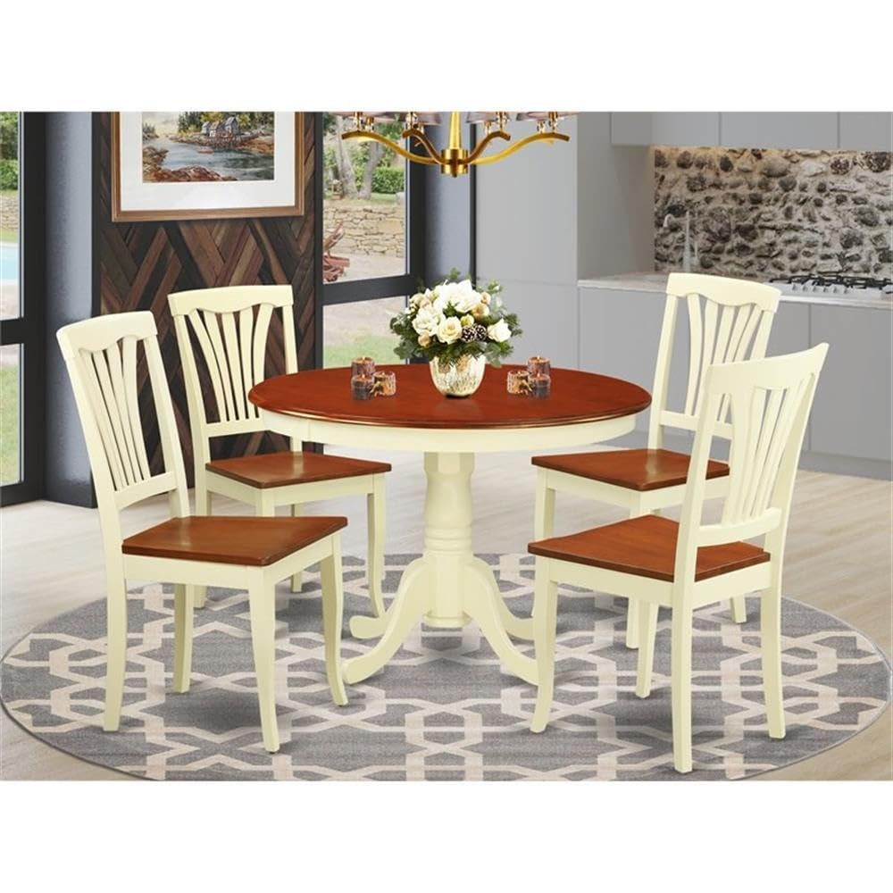 East West Furniture HLAV5-BMK-W 5 Piece Kitchen Table Set for 4 Includes a Round Dining Table with Pedestal and 4 Dining Room Chairs, 42x42 Inch, Buttermilk & Cherry