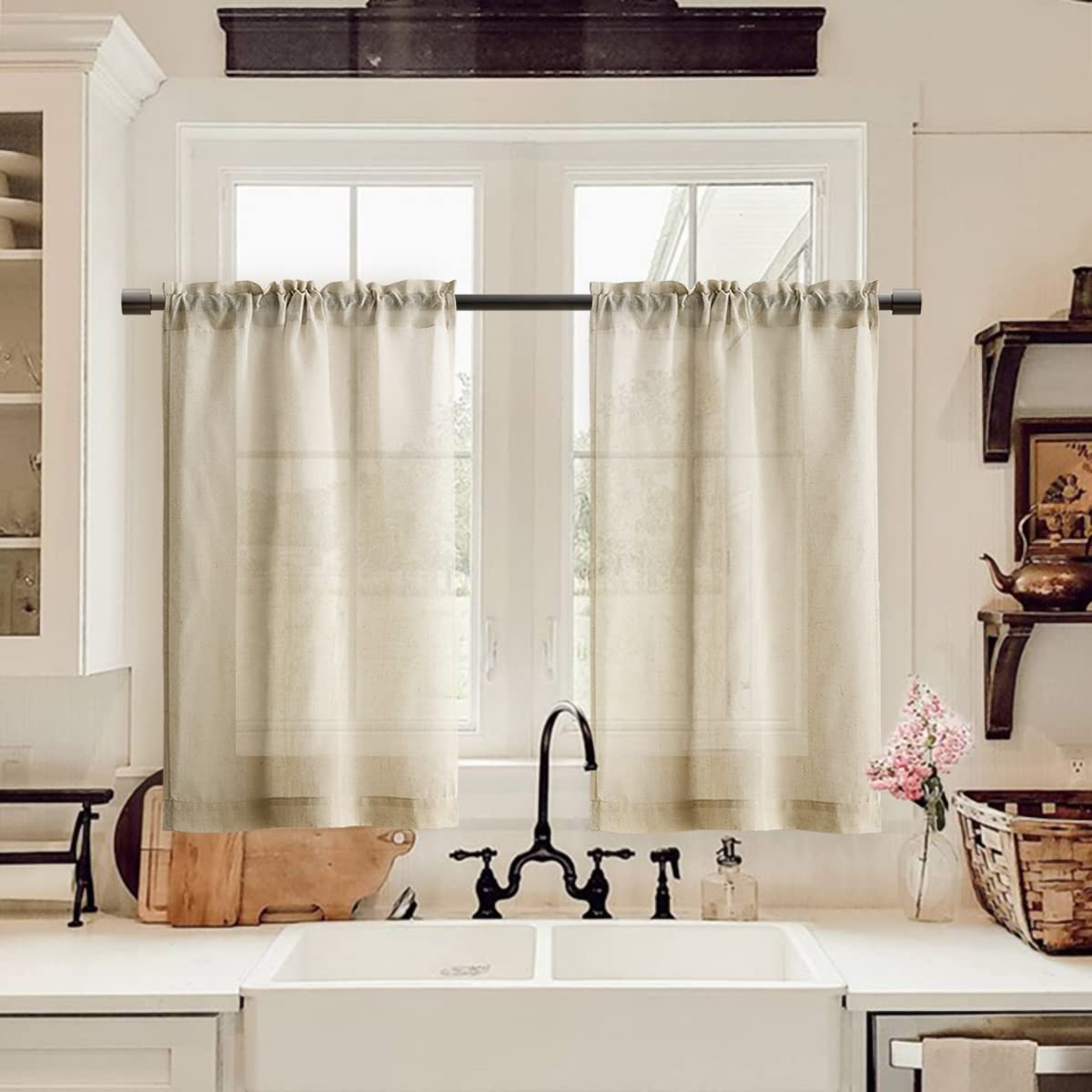 XTMYI Linen Kitchen Curtains 36 Inch Length Rustic Farmhouse Airy Beach Beige Short Cafe Sheer Curtains Rod Pocket Tiers for Sma