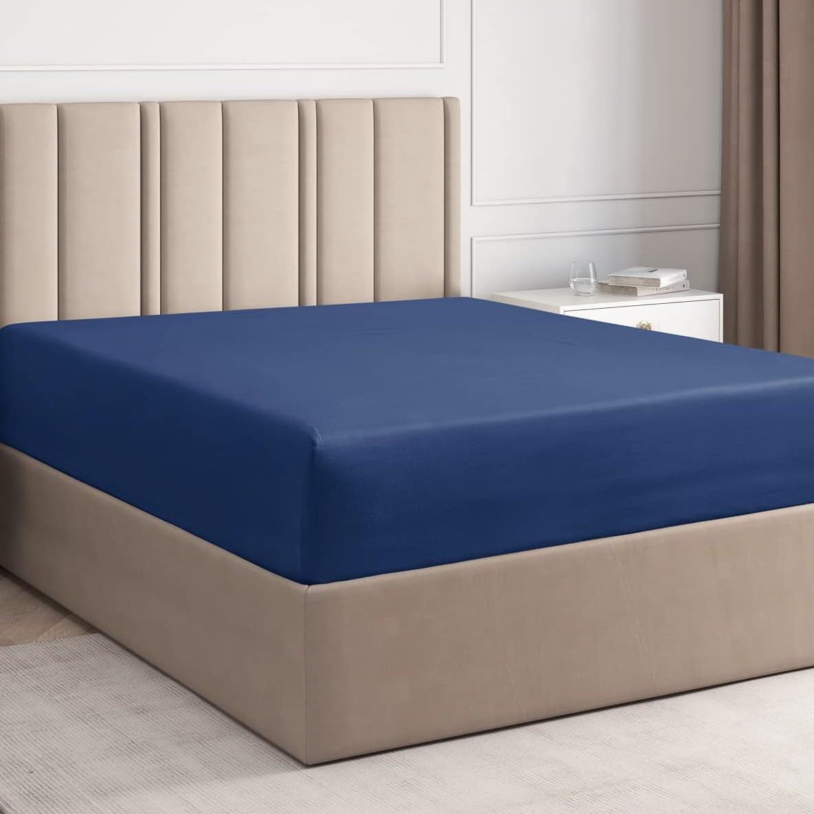 King Fitted Bed Sheet - Hotel Luxury & Cooling Single Fitted Sheet Only - Easily Fits Mattress Up To 16 Inches Perfectly - Soft, Wrinkle Free, Breathable & Comfy Navy Blue Single Fitted Bed Sheet