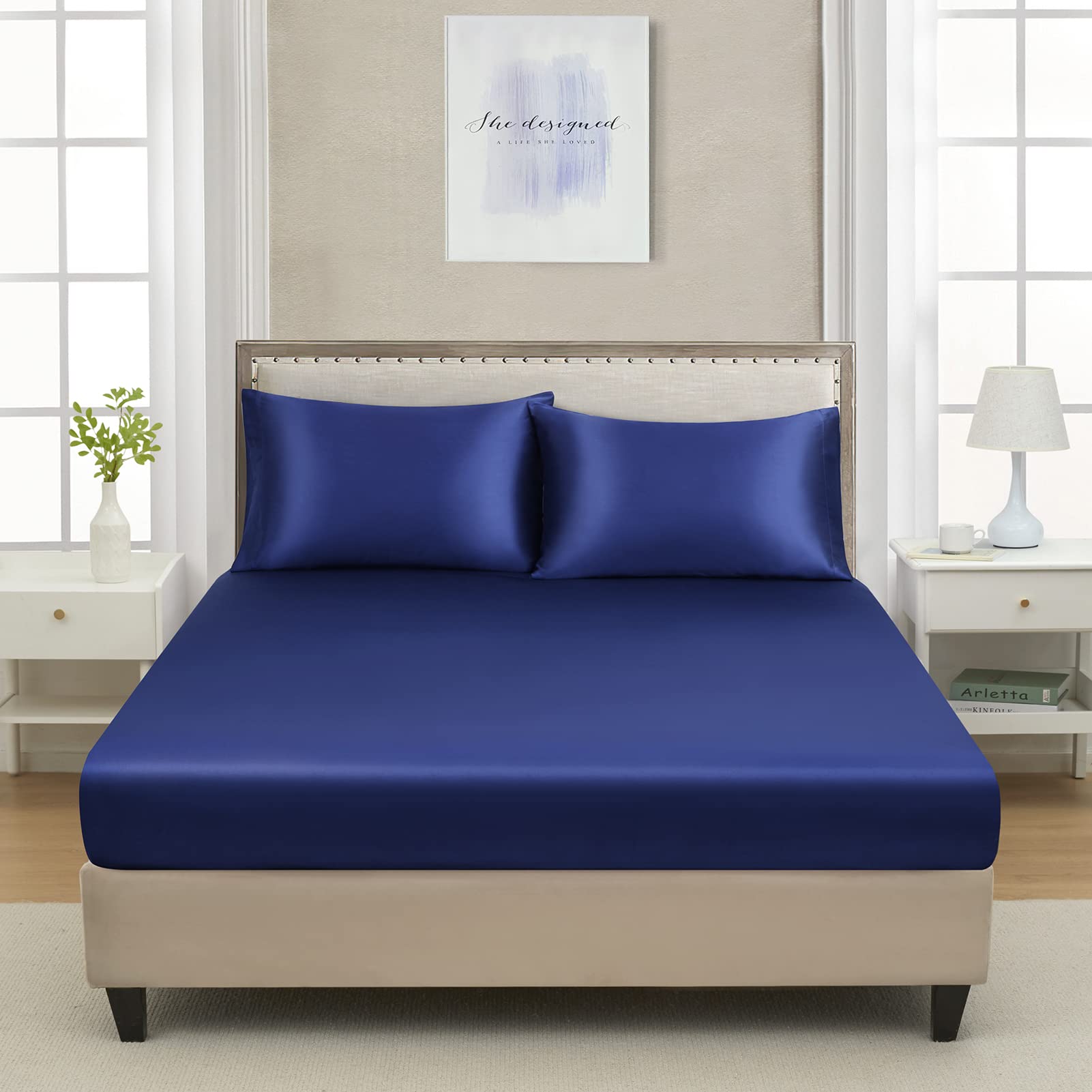 King Silk Satin Fitted Sheet, Soft Deep Pocket Single Bottom Bed Sheets Sold Separately, Wrinkle Free, Non- Fading, Breathable,