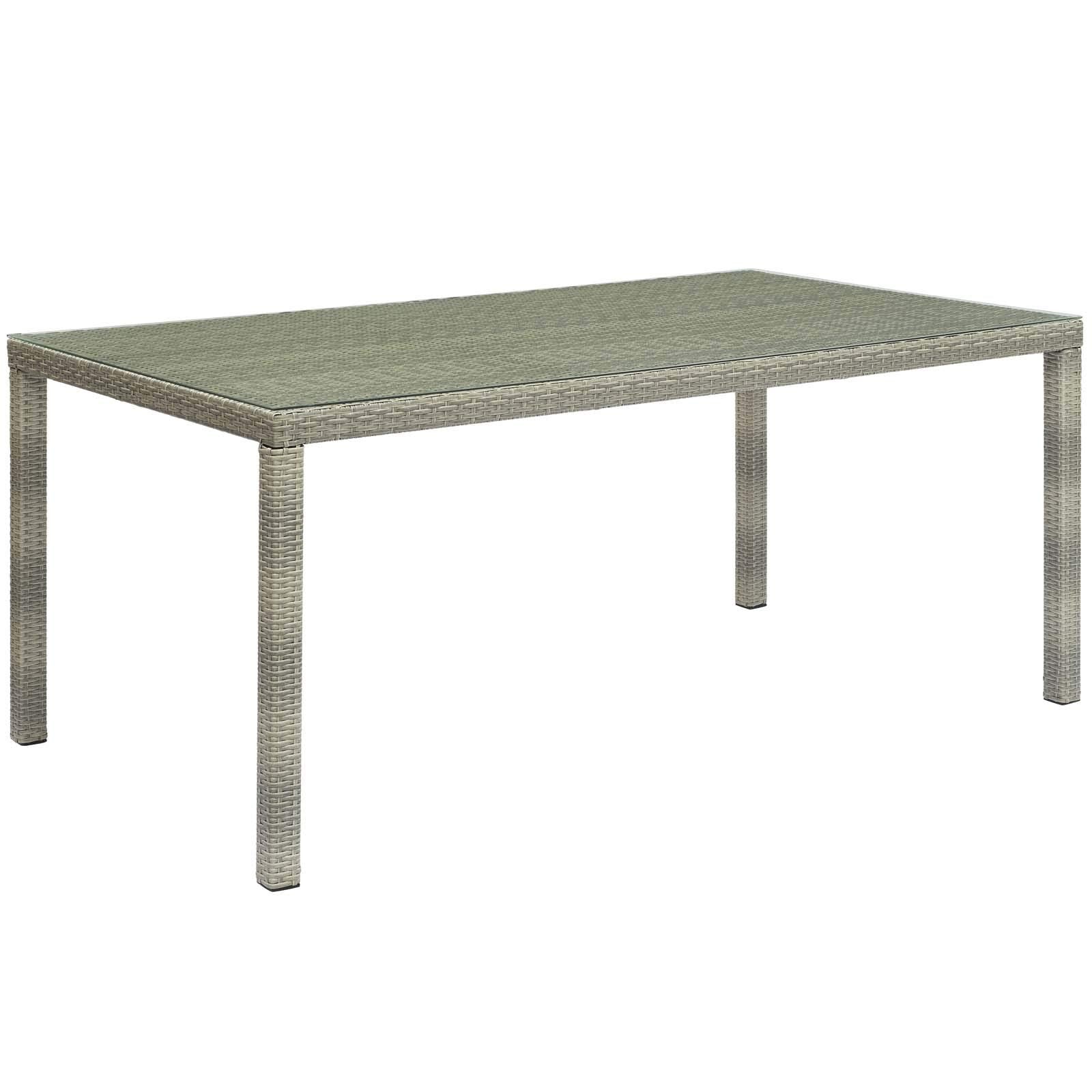 Modway Conduit Wicker Rattan Glass Outdoor Patio 70&quot; Rectangular Dining Table in Light Gray