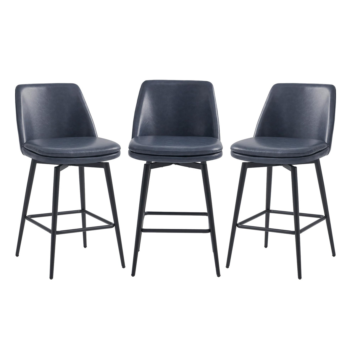 Chita Counter Height Swivel Barstools, Fsc Certified Upholstered Faux Leather Bar Stools Set Of 3, Metal Base, 27.2' Seat Height, Blue