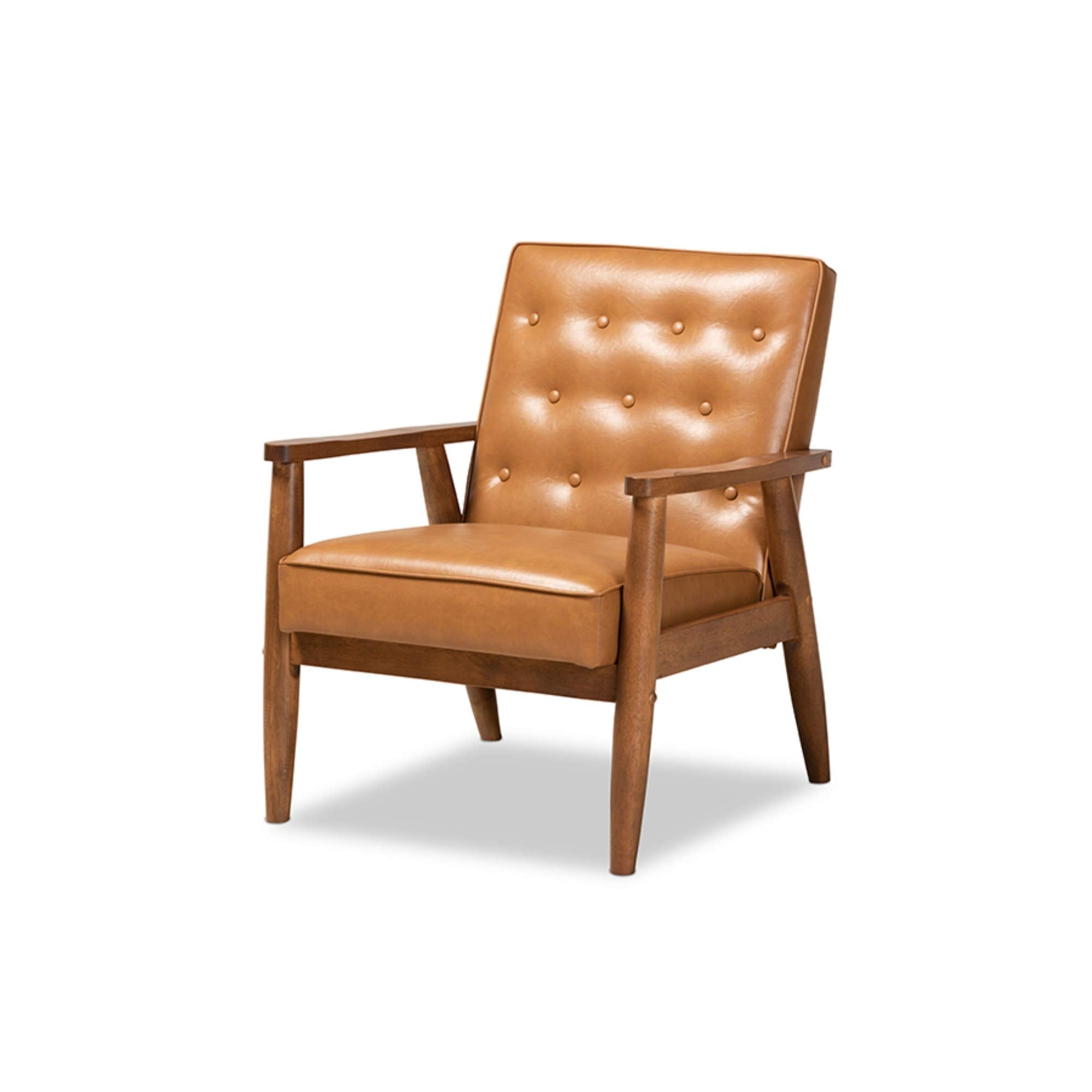 Baxton Studio Sorrento Mid-Century Modern Tan Faux Leather Upholstered and Walnut Brown Finished Wood Lounge Chair