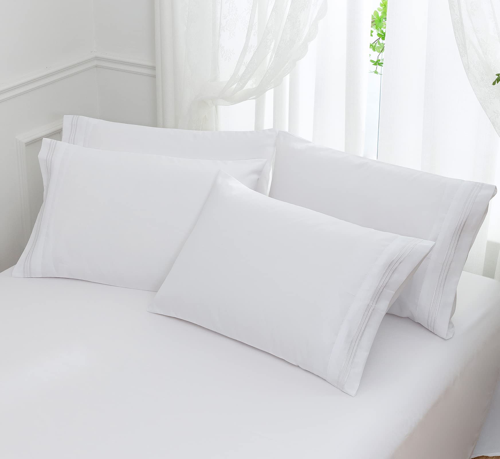 Aormenzy Microfiber Pillow Cases - Standard Size Set Of 4-1800 Thread Count Ultra Soft White Pillowcases - Wrinkle Resistant Pil