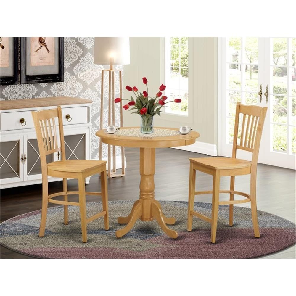 East West Furniture JAGR3-OAK-W 3 Piece Kitchen Counter Height Dining Table Set Contains a Round Wooden Table with Pedestal and 2 Dining Chairs, 36x36 Inch, Oak