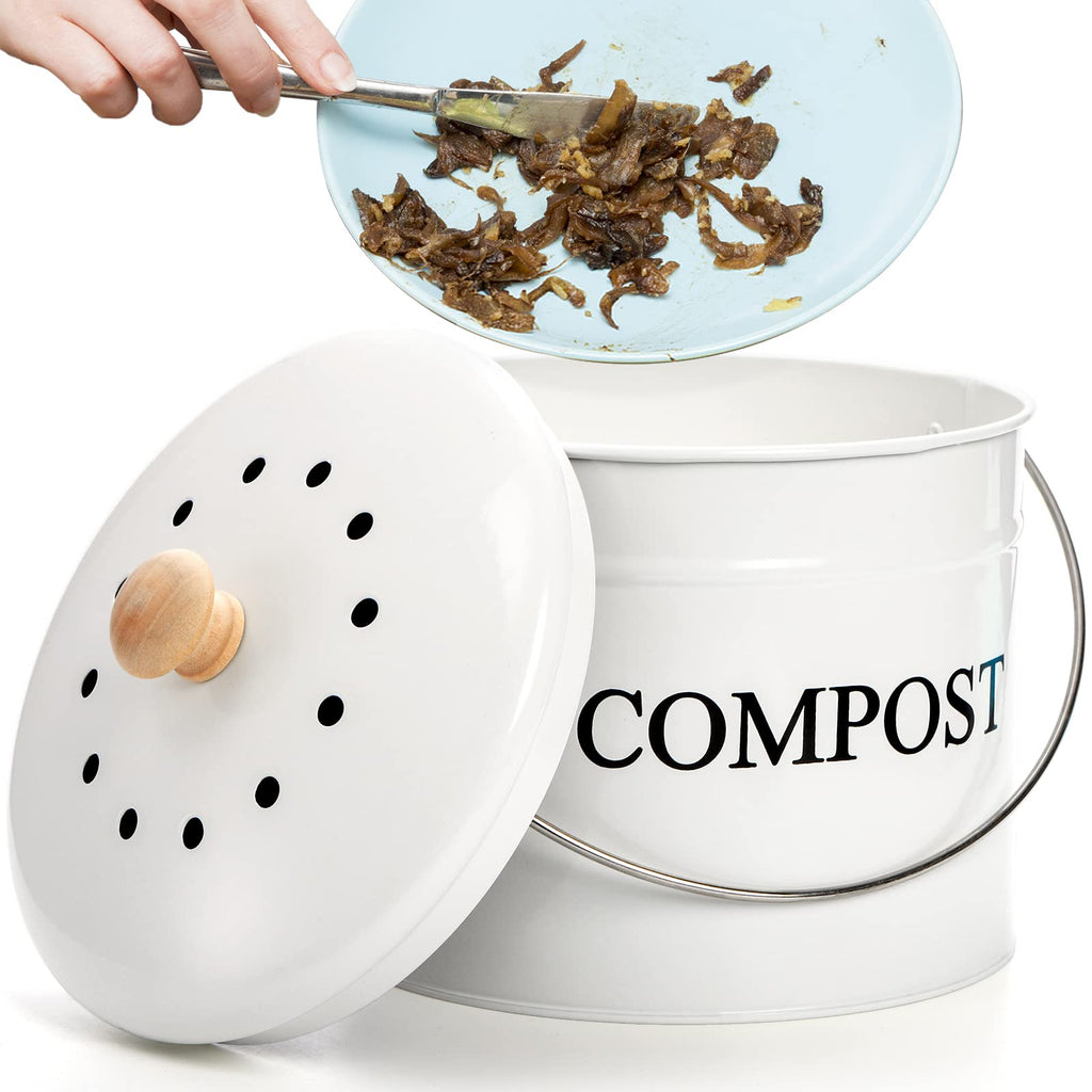 Avla Compost Bin Kitchen Countertop, 1 Gallon Composter Pail, Food Waste Composting Bucket, Odorless Trash Keeper Container, Whi