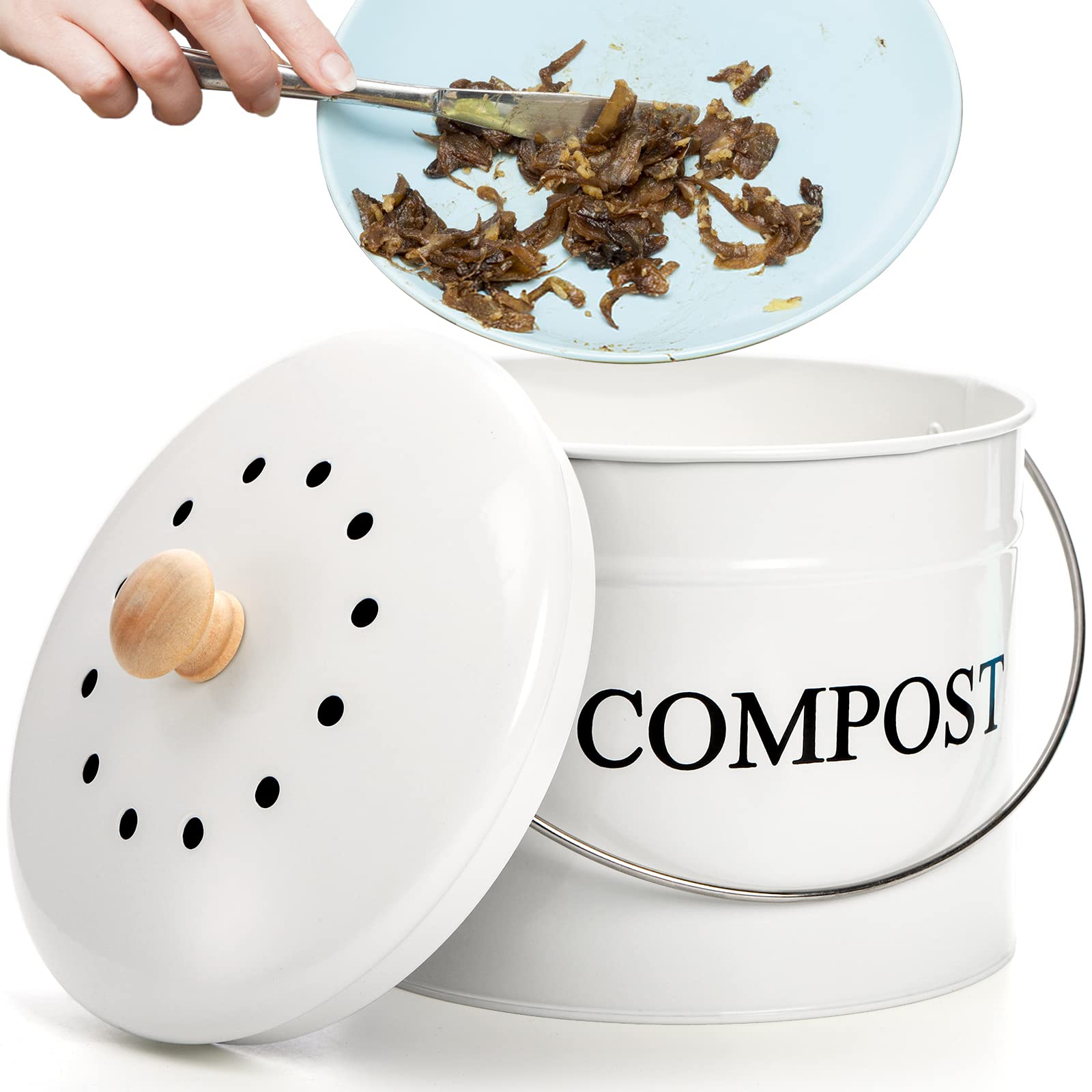 Avla Compost Bin Kitchen Countertop, 1 Gallon Composter Pail, Food Waste Composting Bucket, Odorless Trash Keeper Container, Whi