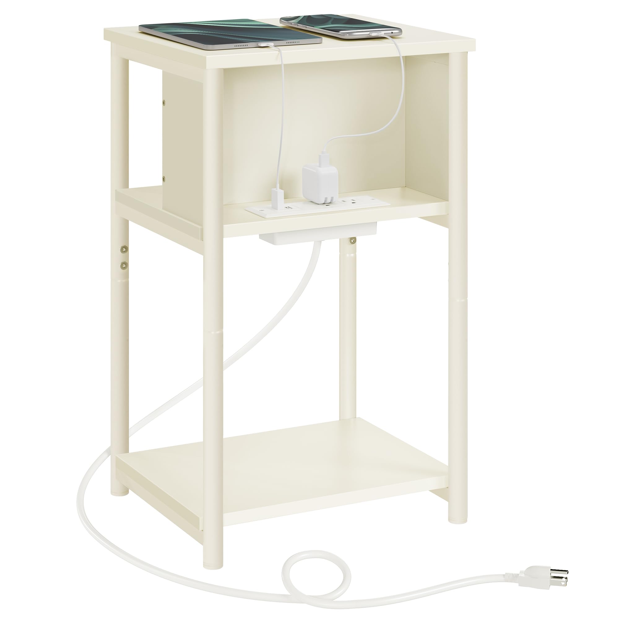 Vasagle Side Table With Charging Station, 3-Tier End Table With Usb Ports And Outlets, Nightstand For Living Room, Bedroom, 11.8 X 13.4 X 22.8 Inches, Plug-In Series, Cream White