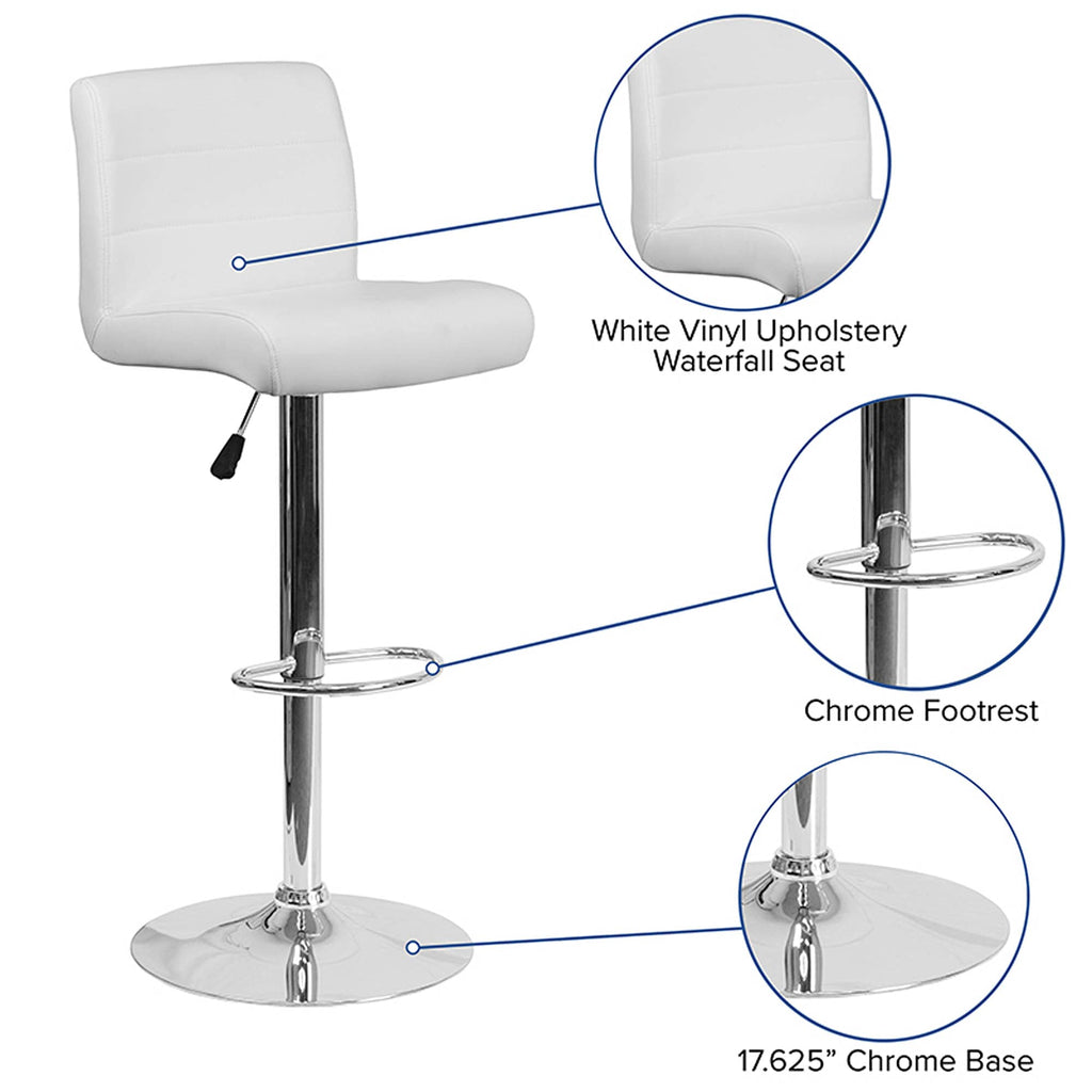 Flash Furniture Contemporary White Vinyl Adjustable Height Barstool with Rolled Seat and Chrome Base