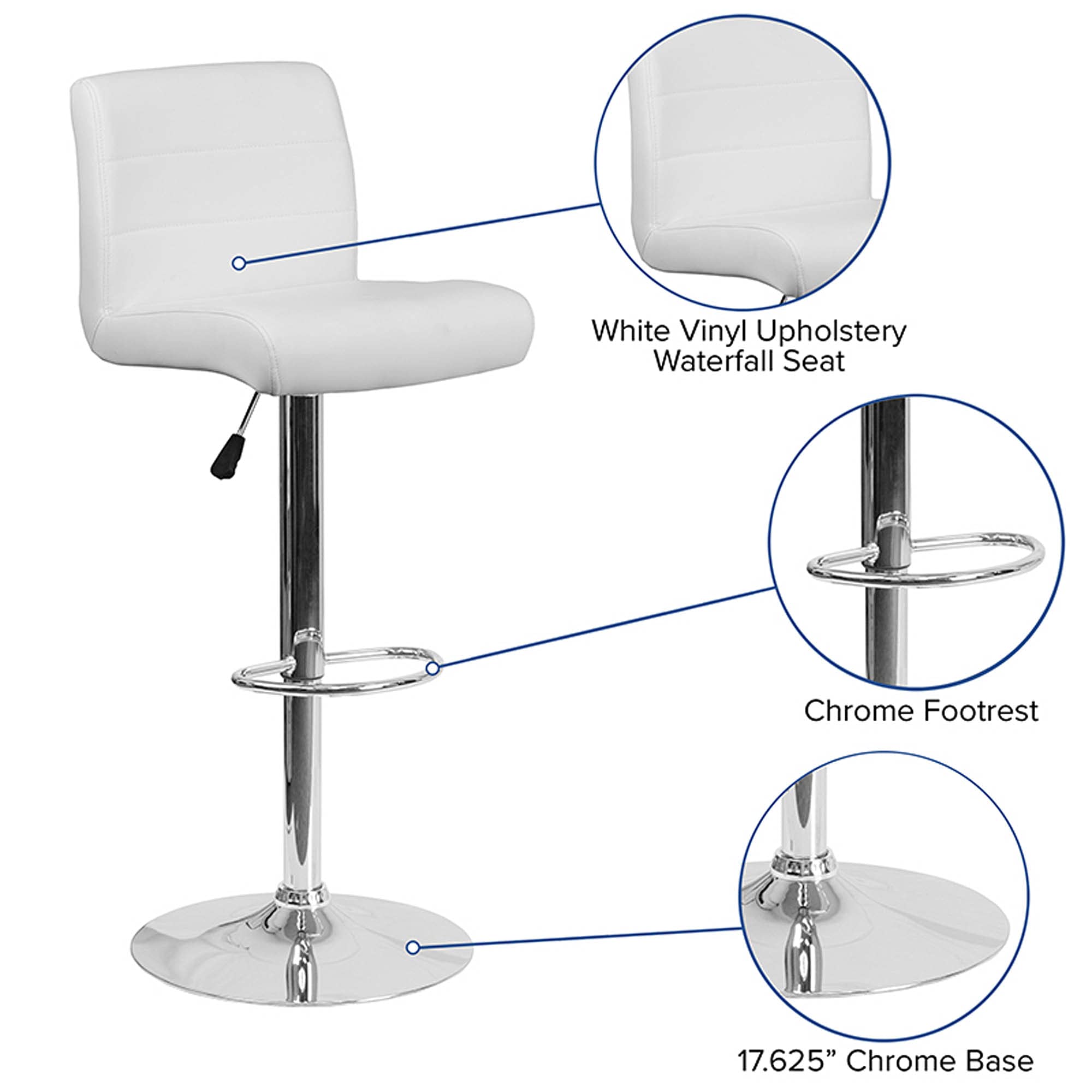 Flash Furniture Contemporary White Vinyl Adjustable Height Barstool with Rolled Seat and Chrome Base