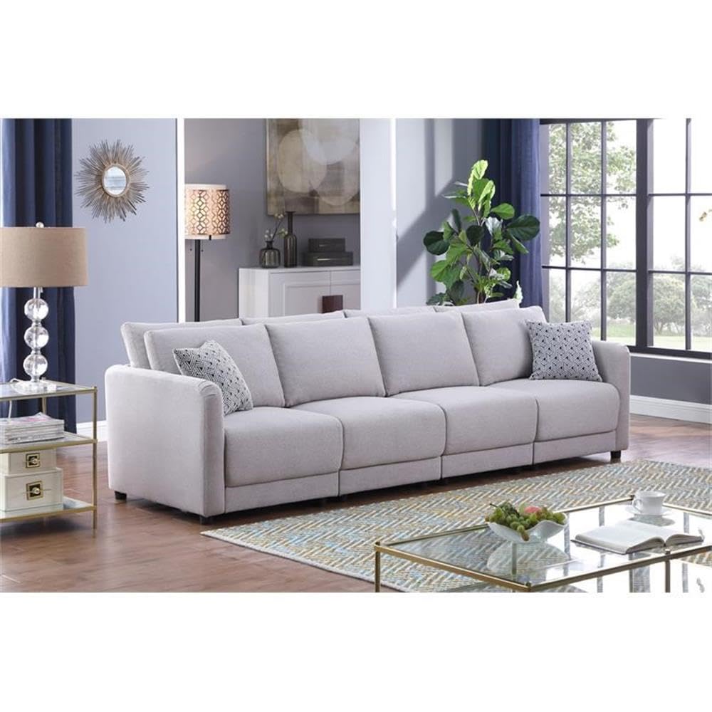 Lilola Home Penelope Light Gray Linen Fabric 4-Seater Sofa with Pillows