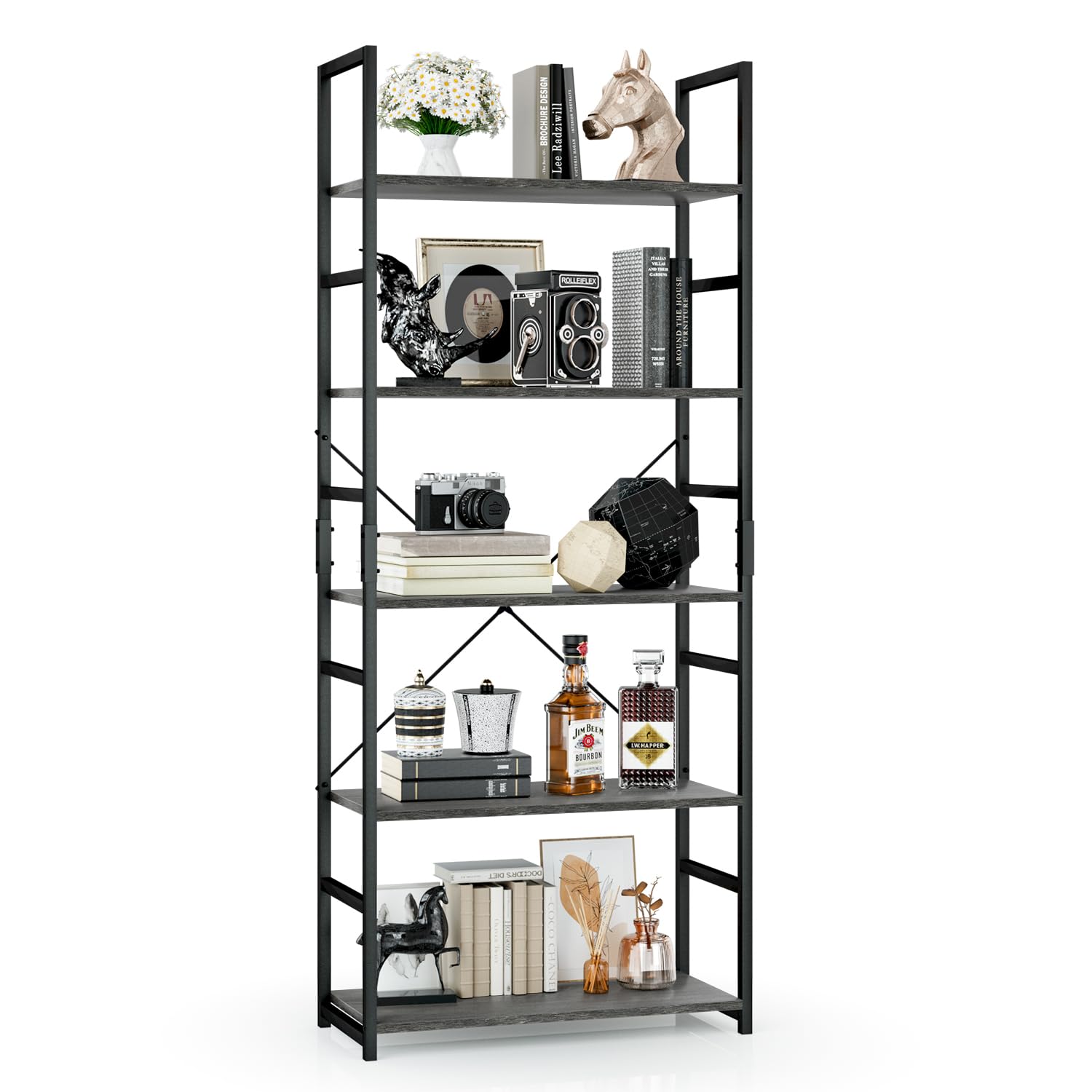 Otk 5 Tier Bookshelf, Tall Bookcase, Office Shelf Storage Organizer, Modern Book Shelf For Living Room, Bedroom, And Home Office, Dark Grey