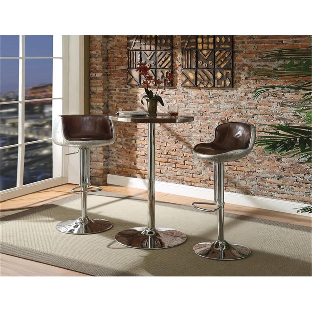 Acme Brancaster Swivel Adjustable Bar Stool in Vintage Brown Top Grain Leather