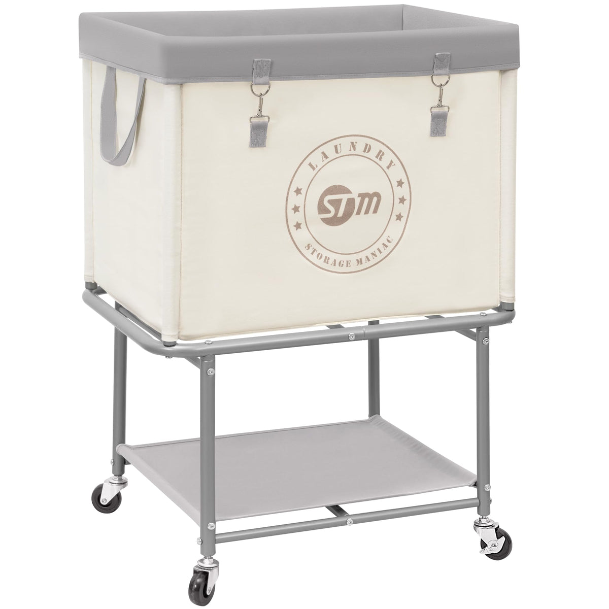 STORAGE MANIAC Rolling Laundry Cart with Storage Shelf, Heavy Duty Industrial Laundry Basket with Wheels, Commercial Metal Frame