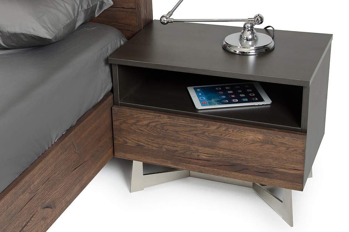 HomeRoots Veneer, Steel, Wood 20' Dark Aged Oak Veneer, Steel, and Wood Nightstand