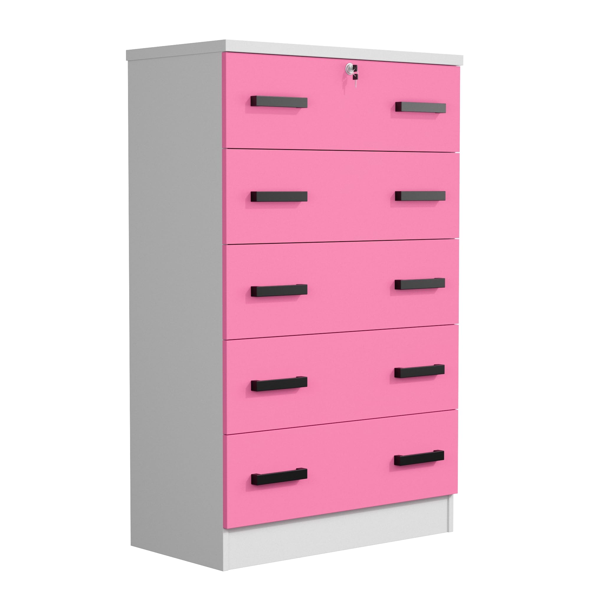 Cindy 5 Drawer Chest Wooden Dresser with Lock (White and Pink)