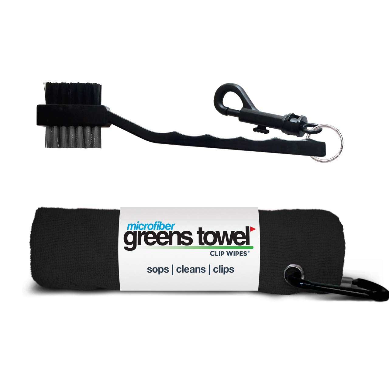Greens Towel Duo Pack Black | Microfiber Golf Towel & Golf Brush Combo (Jet Blackl)