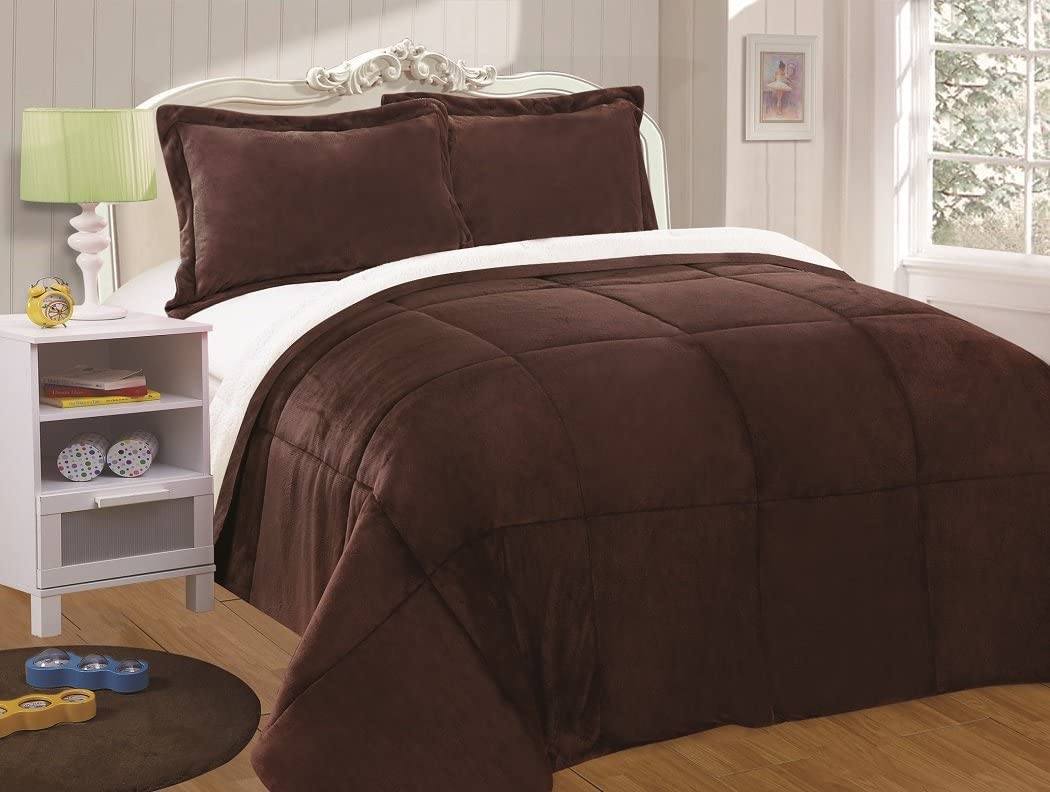 Chezmoi Collection 3Piece Micromink Sherpa Reversible Down Alternative Comforter Set (Queen, Chocolate)