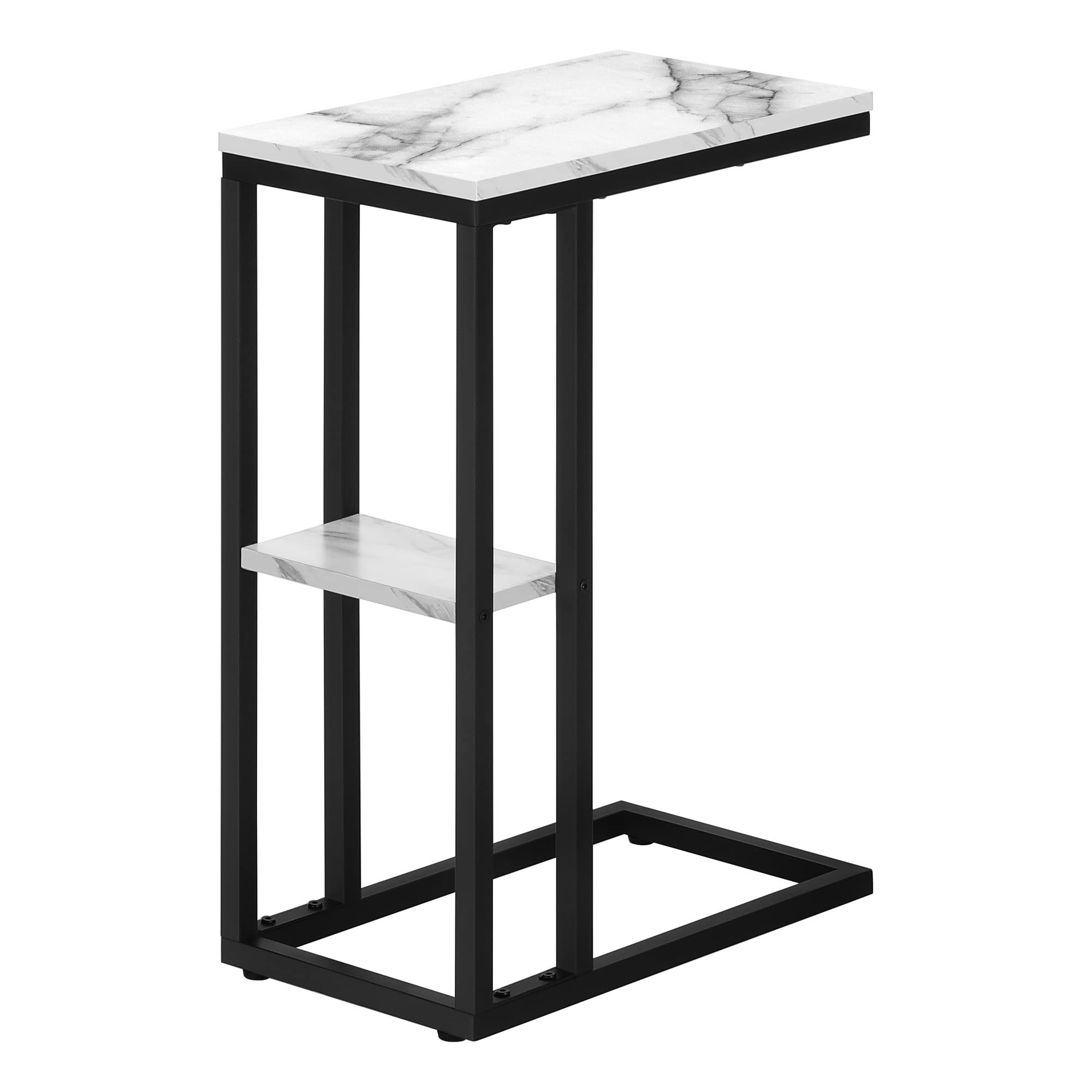 Monarch Specialties 3675 Accent Table, C-shaped, End, Side, Snack, Living Room, Bedroom, Metal, Laminate, White Marble Look, Black, Contemporary, Modern Table-25, 18.25&quot; L x 10.25&quot; W x 25.25&quot; H