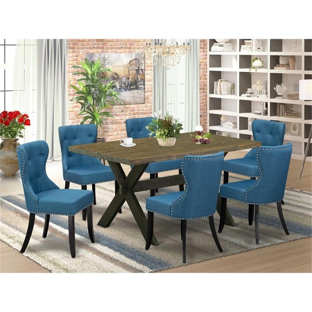 East West Furniture X676Si121-7 7 Piece Dining Room Furniture Set Consist Of A Rectangle Dining Table With X-Legs And 6 Blue Linen Fabric Upholstered Chairs, 36X60 Inch, Multi-Color