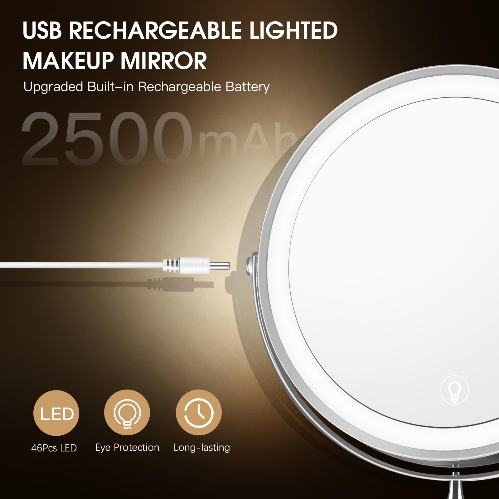 Mnient Wall Mounted Lighted Makeup Mirror, 8' Rechargeable Double-Sided Magnifying Mirror 1X/10X, 3 Colors Led Vanity Mirror Wi