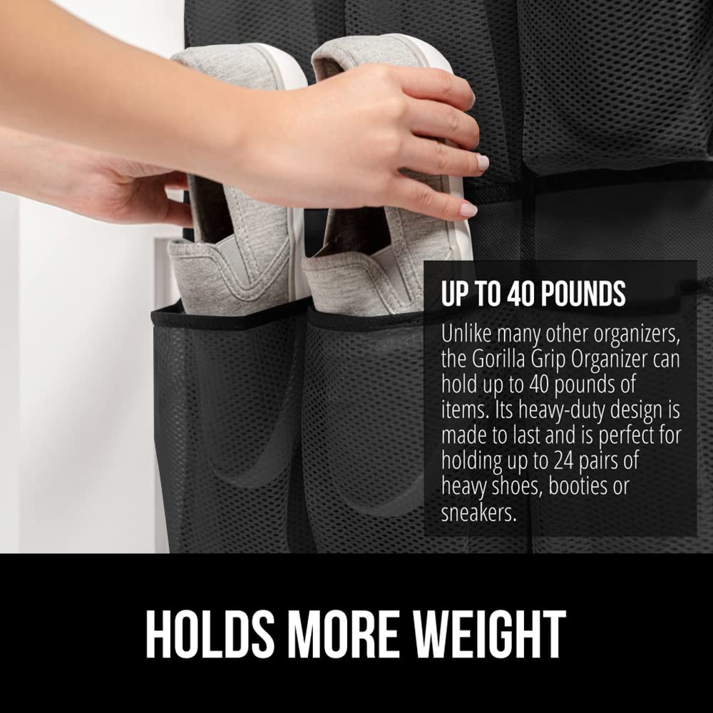 Gorilla Grip Over The Door Shoe Organizer, 2 Pack, 24 Breathable Mesh Pockets, Space Saving Hanging Storage Holder, Closet Rack Hanger Holds Up To 40 Lbs, Hangs On Closets, Shoes, Accessories, Black